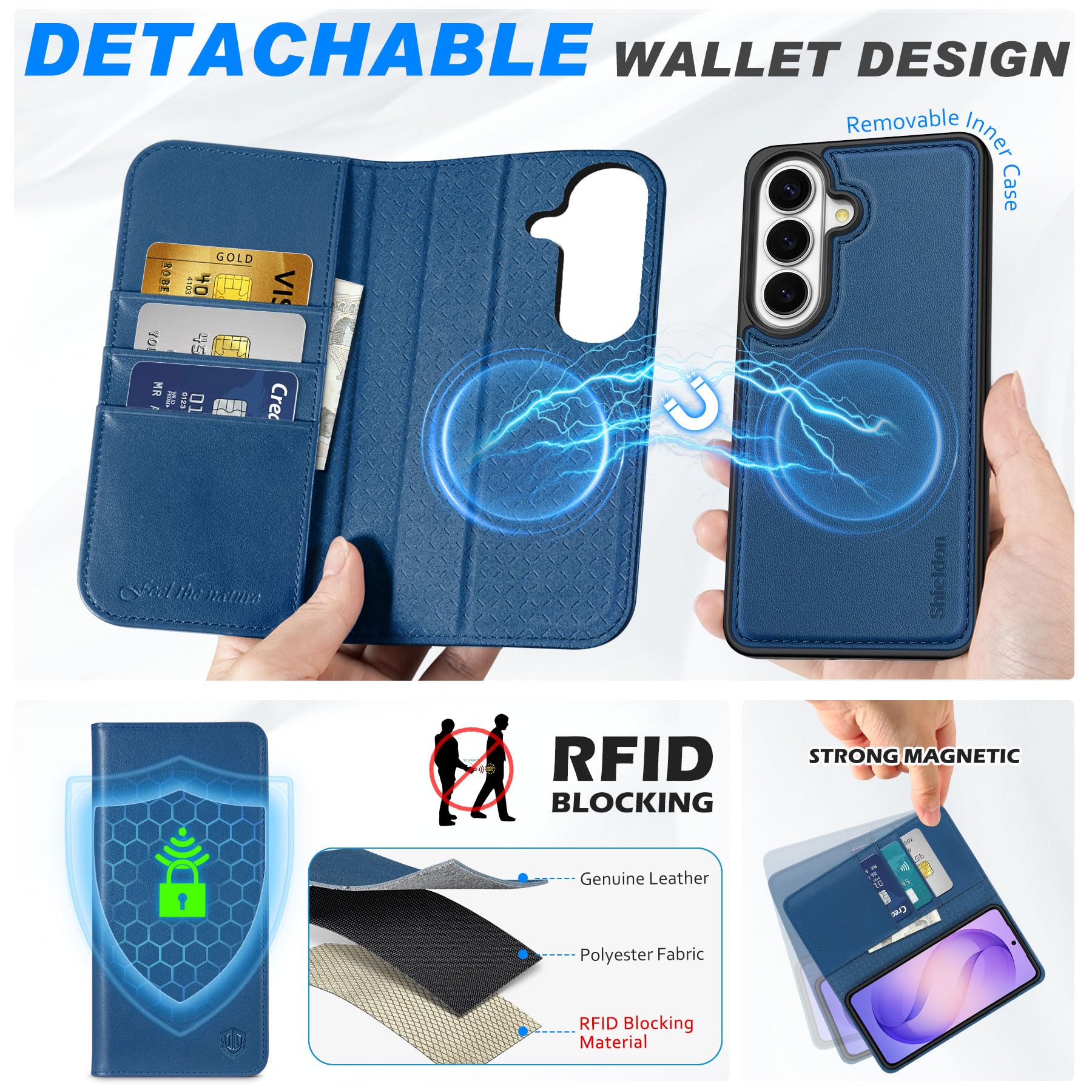 Shieldon Etui 2 en 1 en Cuir Véritable pour Galaxy S26 6.3", Bleu Royal