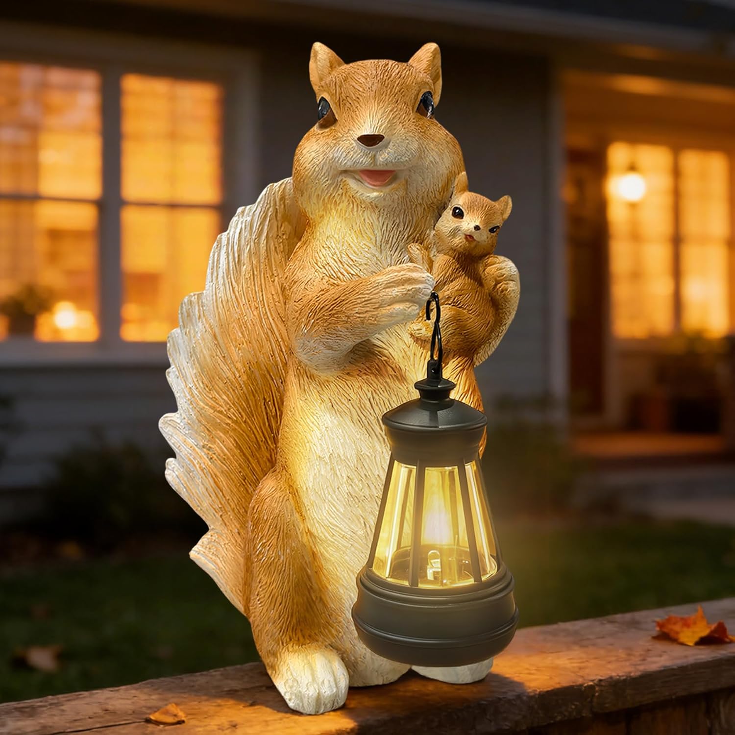 Solar Garden Statues, Cute Smiling Animal Outdoor Decor with 8 Bright LED Lights for Patio Yard Balcony Perfect Mother‘s Day Birthday Housewarming Garden Gift (Orange White Squirrel)