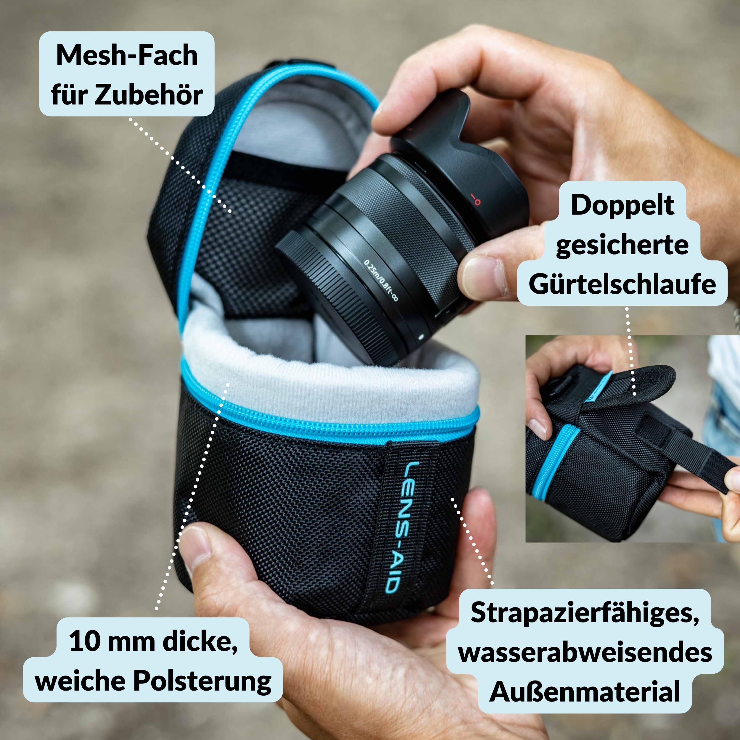 LENS-AID Objektivtasche dick gepolstert: Objektiv-Schutzhülle mit Reißverschluss und Gürtelschnalle