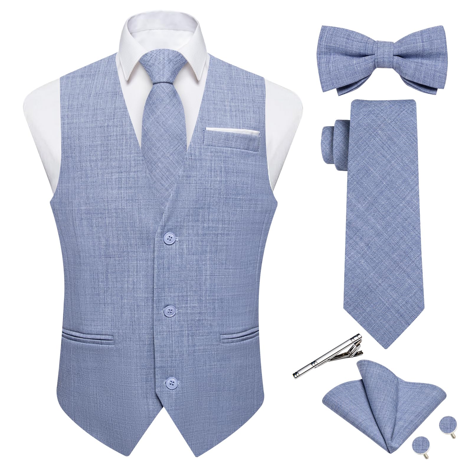 DiBanGu Mens Linen Suit Vest Casual Waistcoat and Necktie & Pre-tied Bowtie Set 6PCS Solid Color Dress Vest for Wedding Party