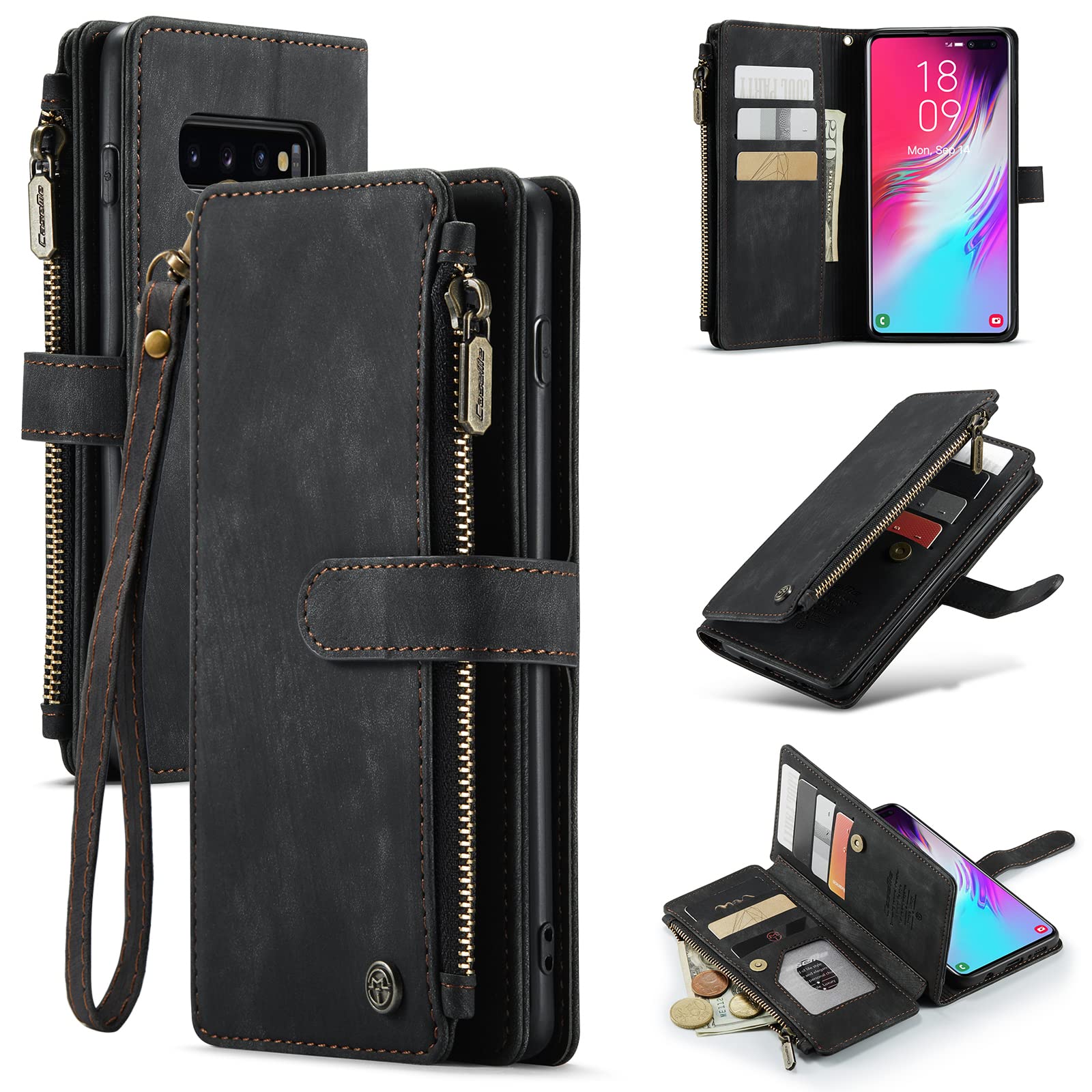 ELEPIK Galaxy S10 Plus Case, PU Leather Wallet Phone Case with Card Holder, Kickstand, Wireless Charging, Black