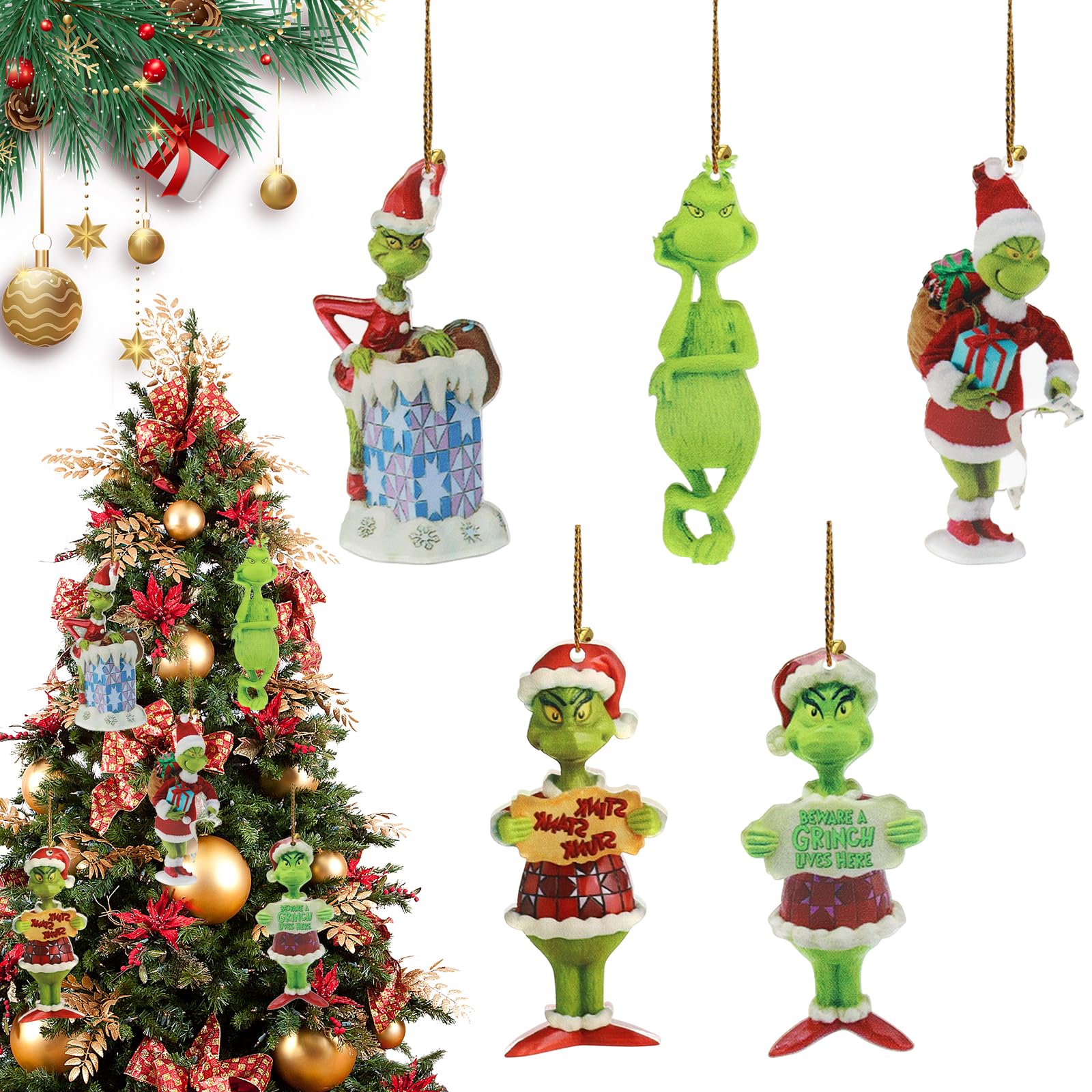 GAROMIA Grinch Christmas Decorations 5 Grinch Decorative Piece Acrylic Pendant Christmas Tree Decoration Grinch Pendant Hanging Grinchs for Christmas Tree Home Decorations Hanging Ornament