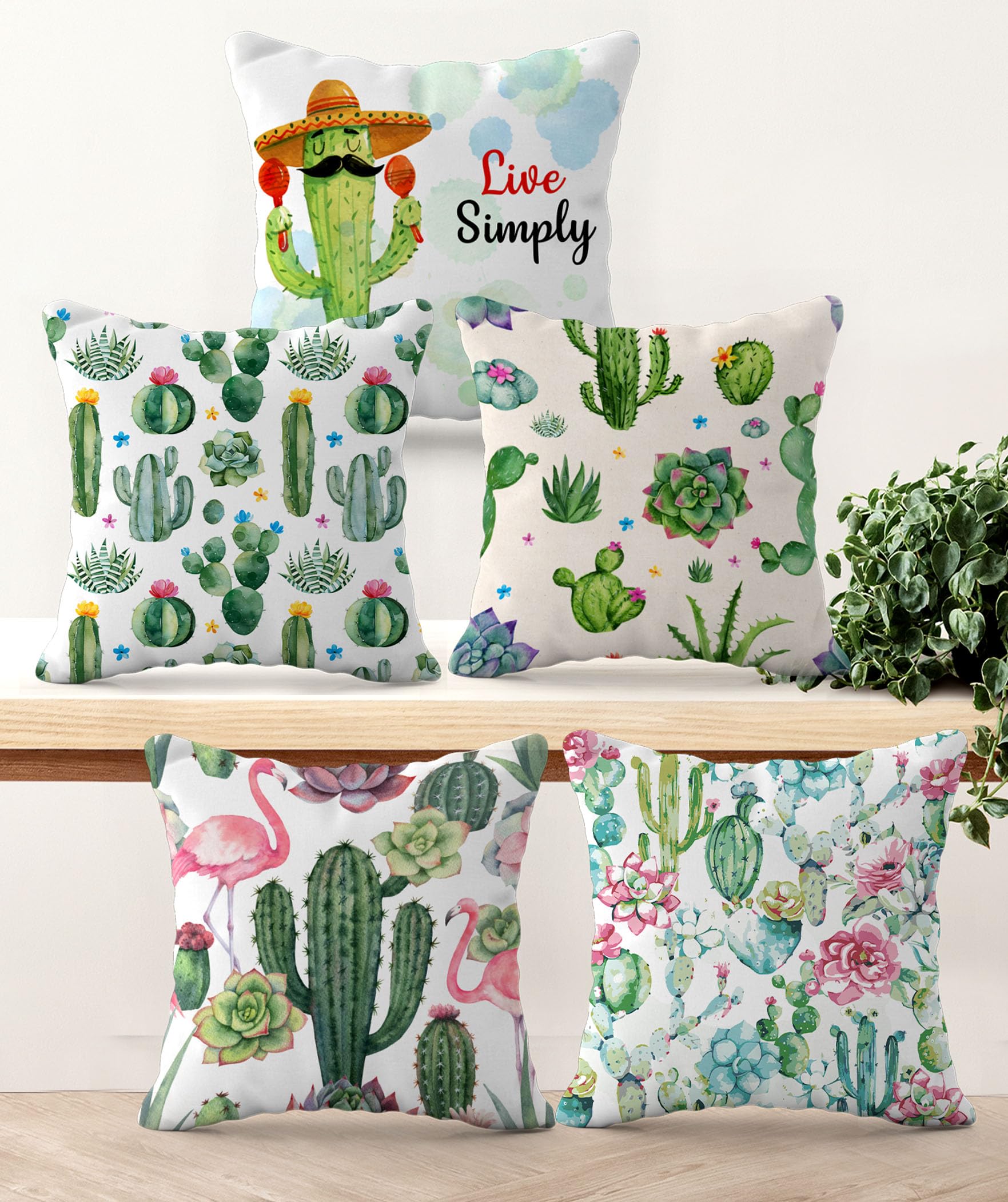 Set of 5 Designer Decorative Throw Pillow/Cushion Covers (16 inch x 16 inch, Cactus Plant Print)
