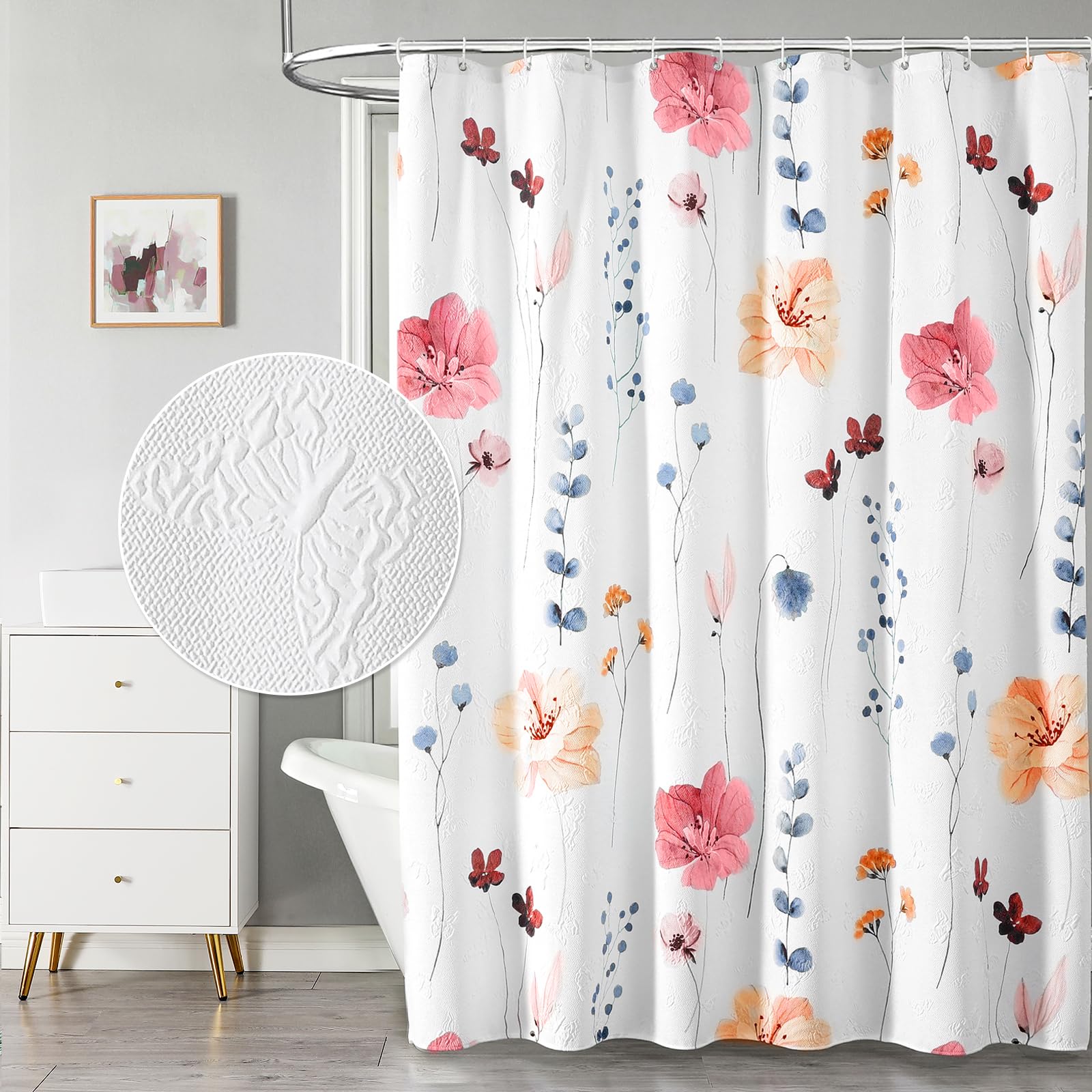 QiyI Watercolor Floral Shower Curtain, 3D Embossed Butterflies Peach Pink Flower Bathroom Curtain, Minimalist White Cloth Bath Curtain, Waterproof