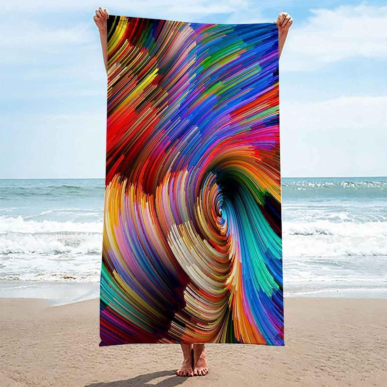 Mikrofaser Strandtuch XXL 150 X 200 cm Ultraleicht, Schnell Trocknendes Sandfest Handtuch, Saugfähiges Stranddecke, Weich Und Pflegeleicht Badetuch Für Fitness, Reise, Yoga, Bunter Wirbel -0S3B
