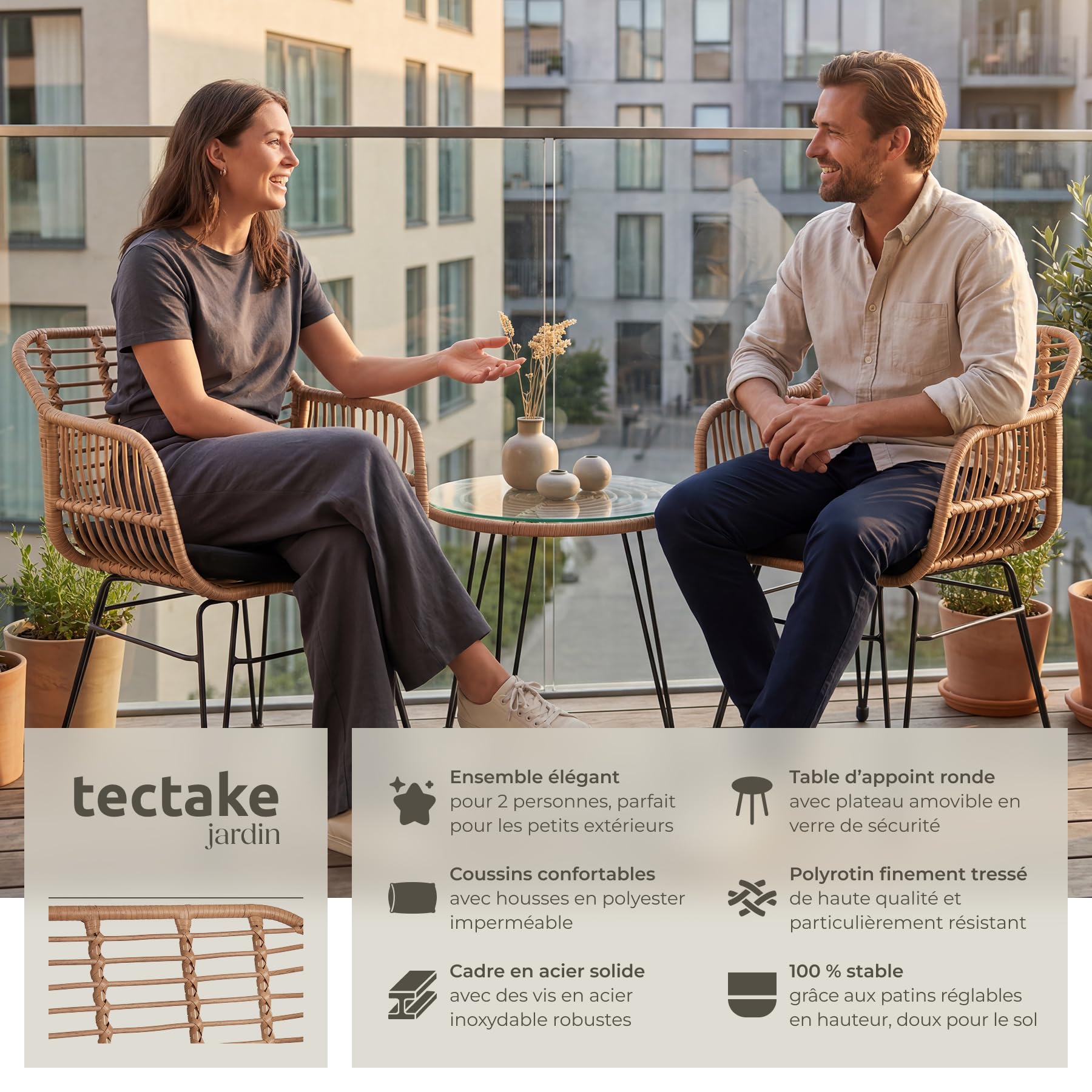 tectake® Salon de Jardin Extérieur en Poly Rotin Set de 3 pcs, Ensemble 2 Fauteuils Salon et Table de Jardin avec Plateau en Verre de sécurité, Coussins Amovibles Inclus, Amenagement Balcon Terrasse