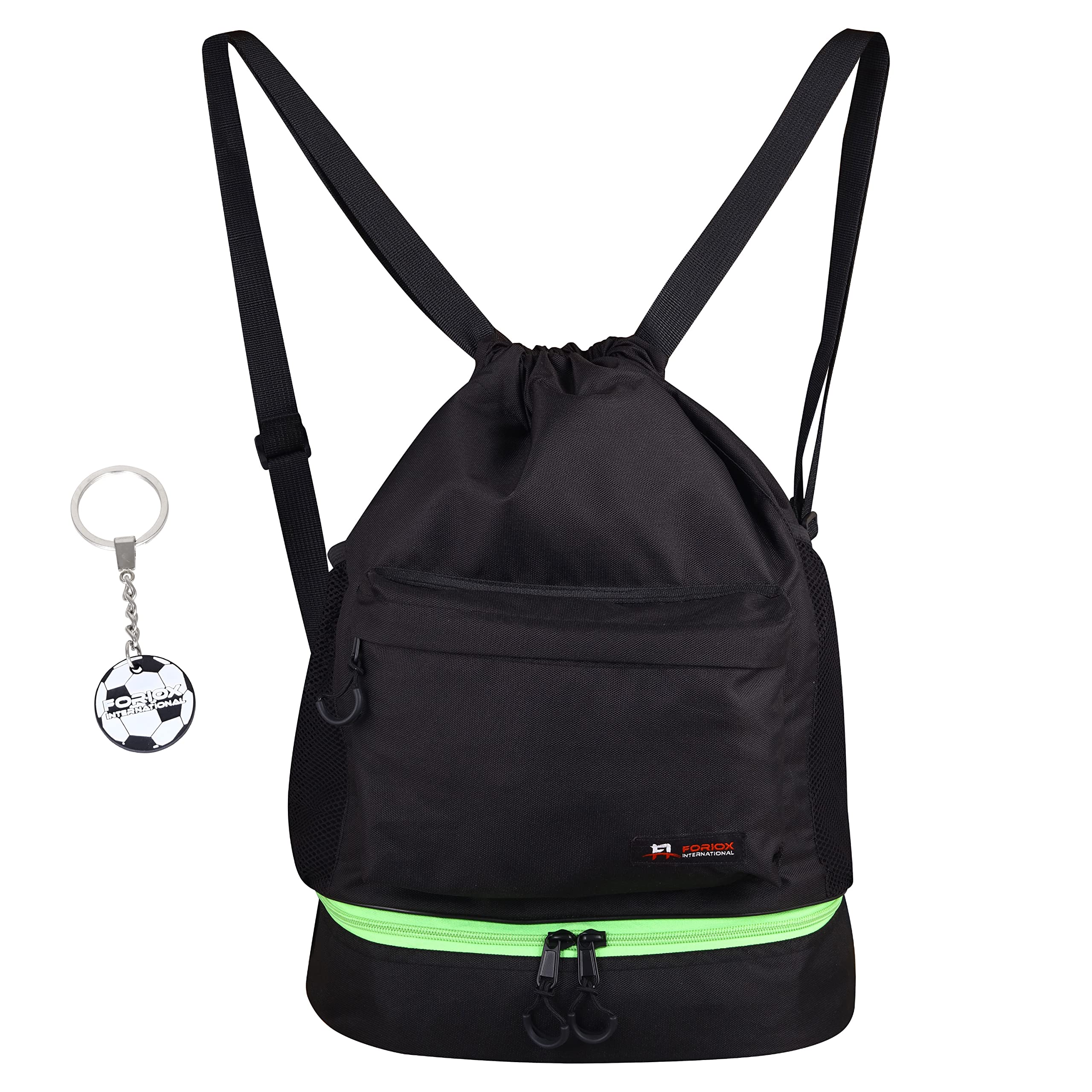 Foriox InternationalDrawstring Backpack Sports Gym Bag, Water Resistant String Sackpack Large Size Zipper, Water Bottle Mesh Pockets & Shoes space for Yoga School Swimming Beach