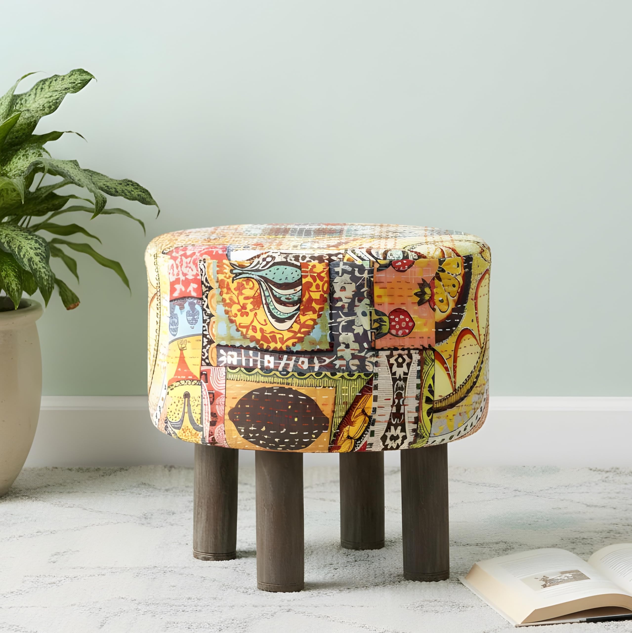 Ikiriya Stylish Morgan Acacia Wood Bohemian Round Pouf Stool, Israel Print Patchwork Kantha (16x16x16 Inches, 1 Yr Warranty)-image-16