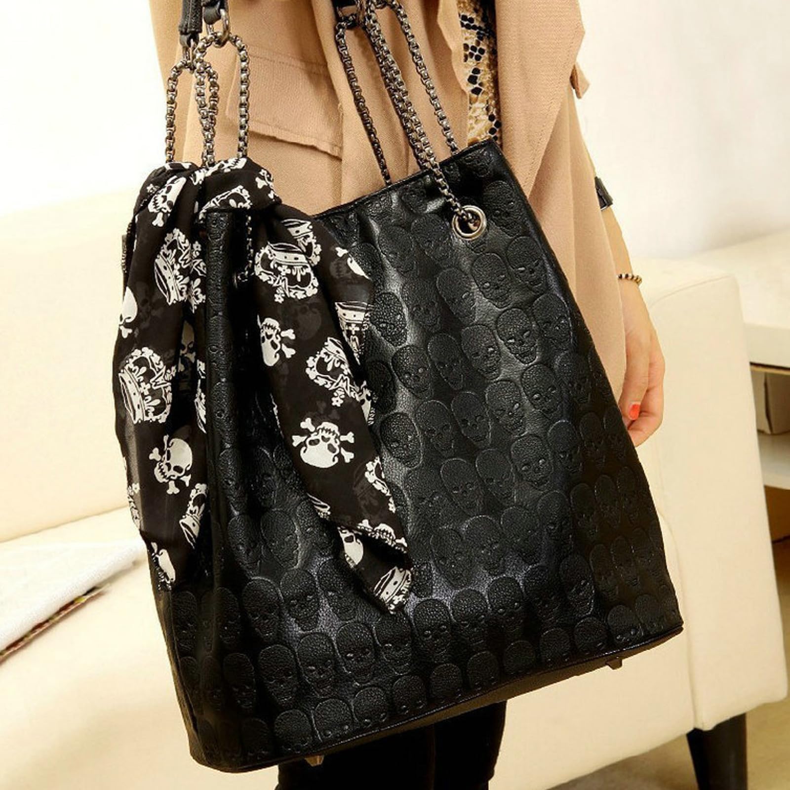 LALAFINA Bolso de Hombro Elegante para Mujer con Bufanda de Seda, Material Pu y Aleación, Adecuado para Salir de Compras y Fiestas