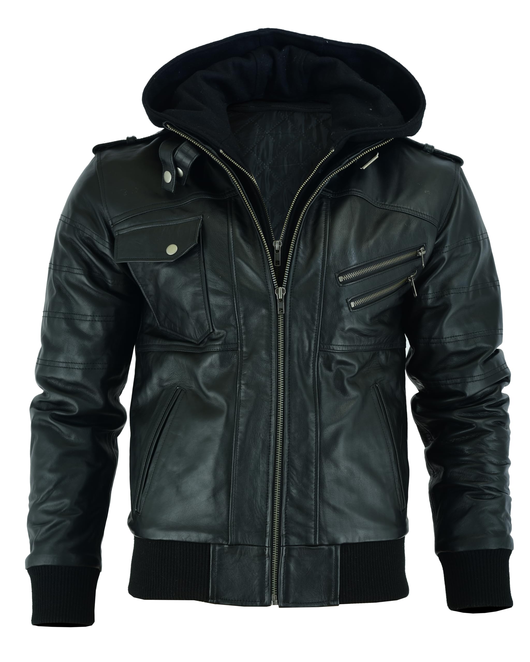 Vance Herren Echt Lederjacke aus 100% Rindsleder Abnehmbarer Hoodie