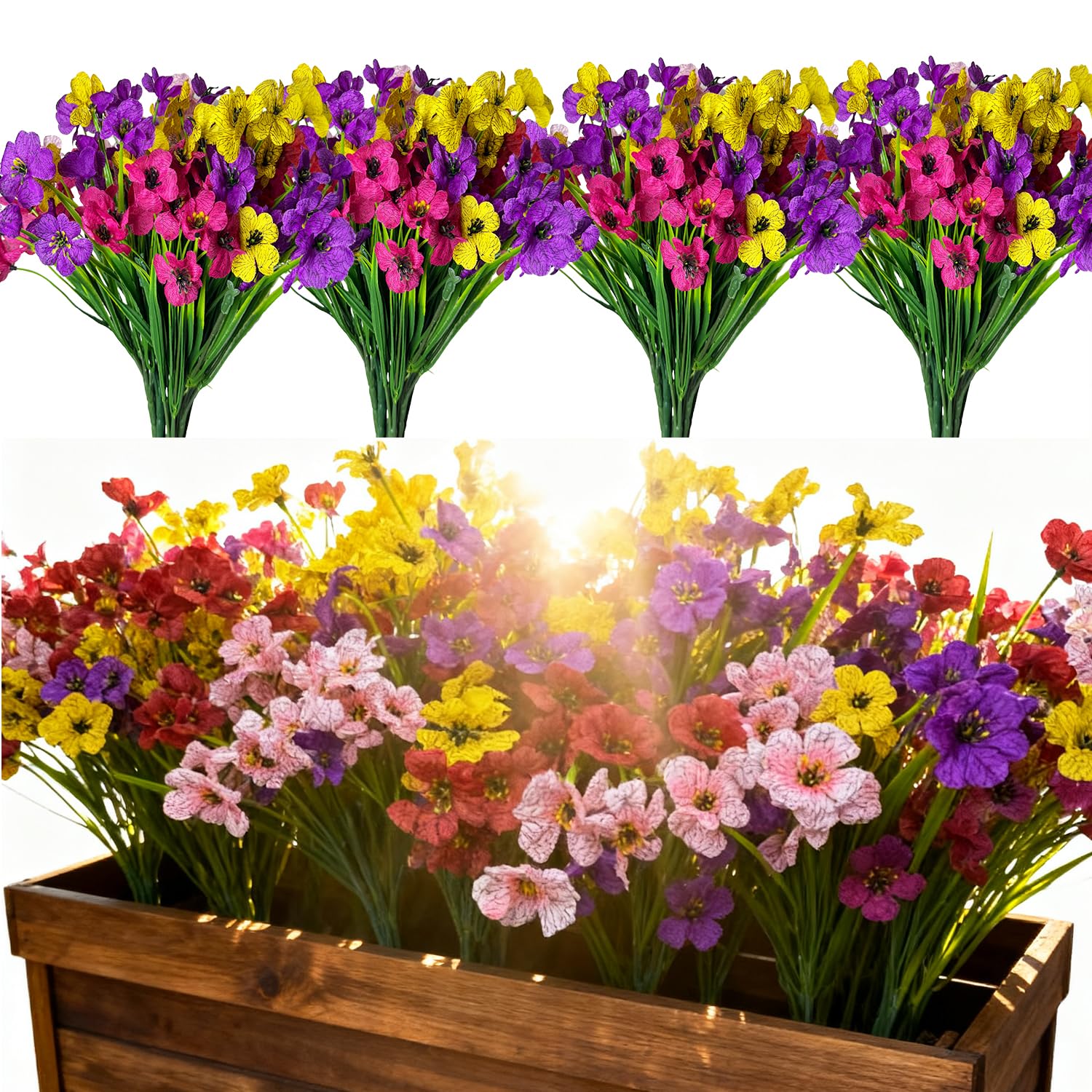 Fycooler 20 Bundles Artificial Flowers for Outdoor, 5 Colors No Fade Fake Plastic Faux Silk Flowers UV Resistant Greenery Shrubs Plants for Indoor Outside Garden Porch Hanging Planters Decoration