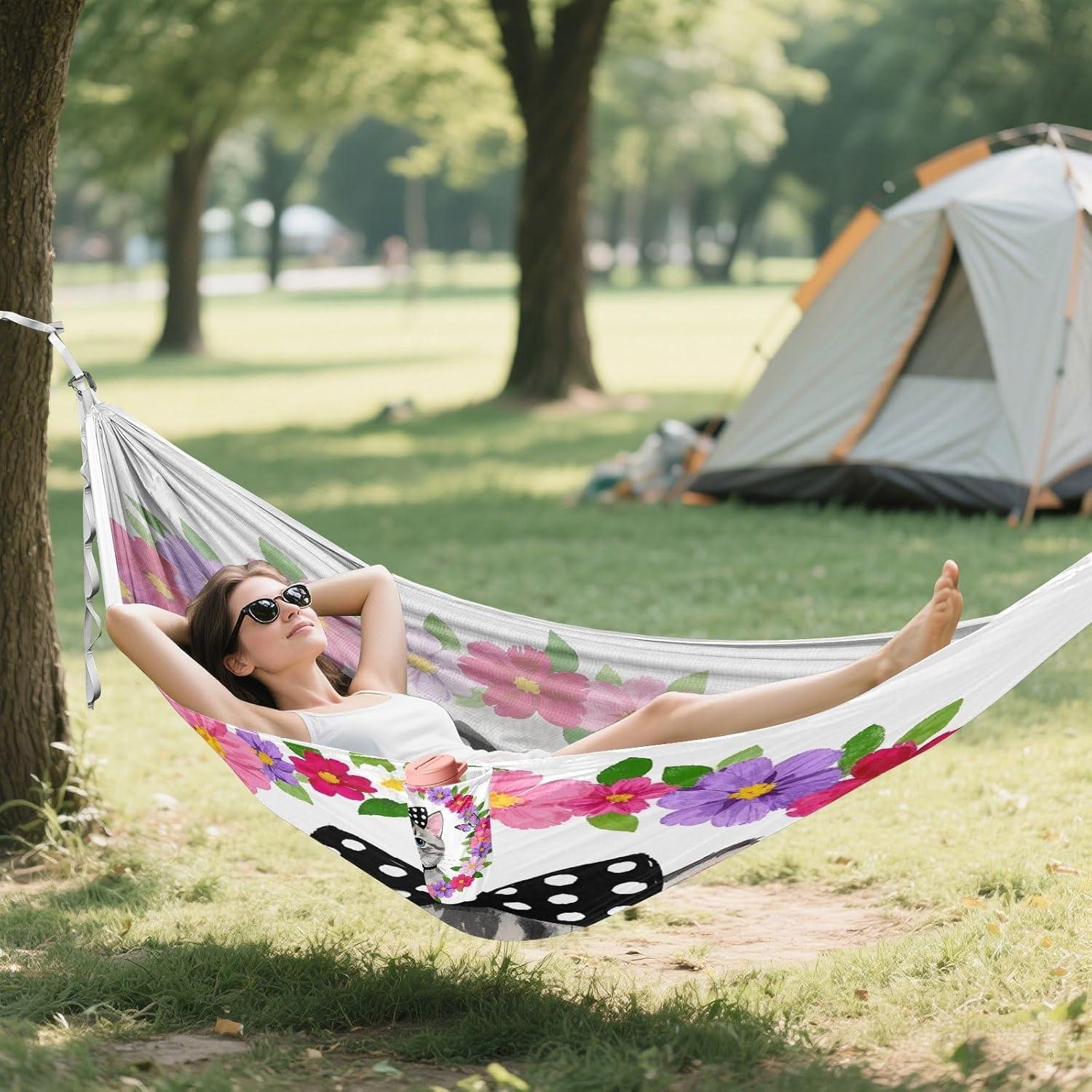 ALAZA Cat Wreath Camping Hammocks Single or 2 Person 500 lbs Portable Parachute Travel Hammock w/Tree Straps for Hiking Backpacking Indoor Outdoor