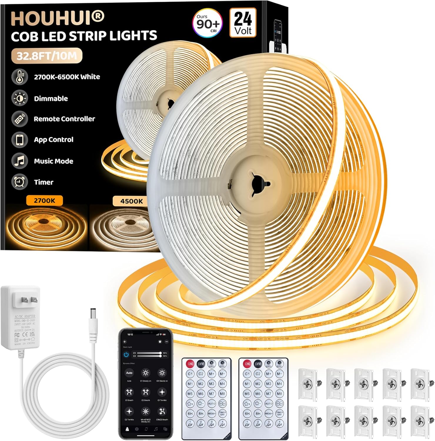 HOUHUI White COB LED Strip Lights 32.8Ft, 2700K-6500K CCT Tunable White Light Strip with Remote & App Control, CRI90+ 24V Dimmable Bright LED Tape Lights for Bedroom Under Cabinet Kitchen DIY Lighting