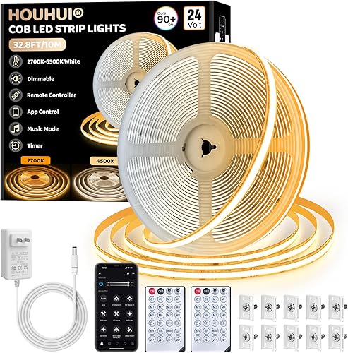 Tira de luces LED COB blancas de 32.8 pies, 2700 K-6500 K, tira LED COB blanca regulable con control remoto y aplicación, temporizador,