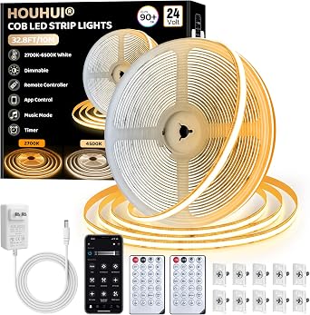 White COB LED Strip Lights 32.8Ft, 2700K-6500K CCT Tunable White Light Strip with Remote & App Control, CRI90+ 24V Dimmable Bright LED Tape Lights for Bedroom Under Cabinet Kitchen DIY Lighting