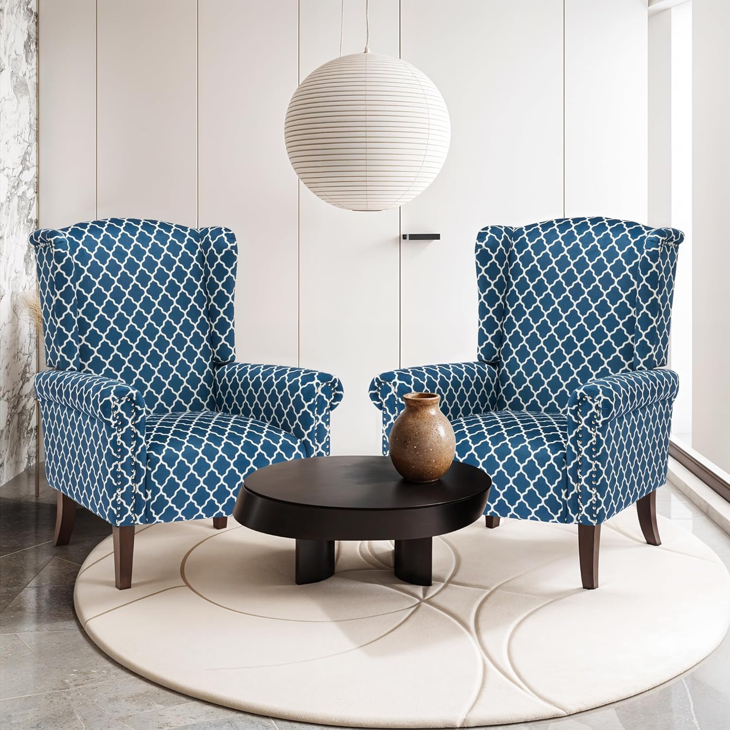 Plaid Accent Chair Set of 2, Mid-Century Modern Wingback Armchair Club Sofa Chair Living Room Chair for Bedroom, Balcony, Lounge (Blue Check)
