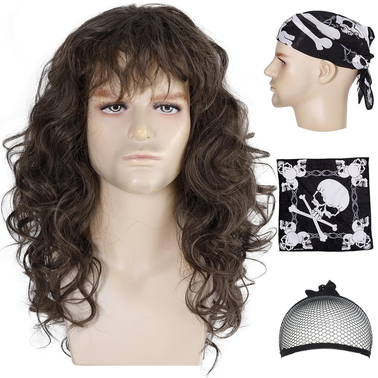 80s Rock Wig with Bandana - Mullet Brown Curly Hair Wig - Glam Metal Punk Rocker - Perfect for Halloween, Cosplay, DIY Themed Costume Party
