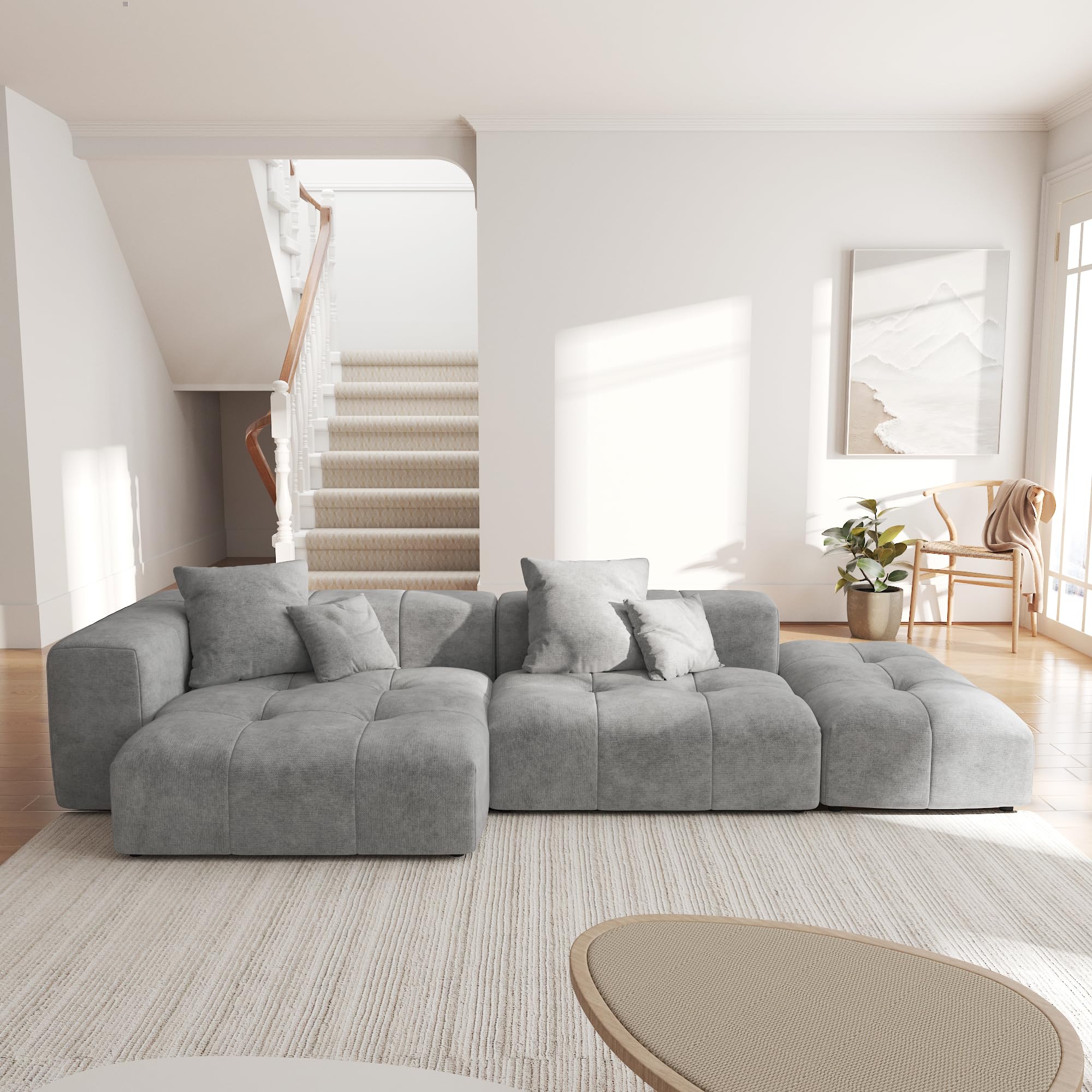 WJShome 119" L Shaped Sectional Couch,Modern Modular Sofa with Ottoman,Linen Deep Loveseat with Pillows Couches for Living Room, Bedroom and Apartment