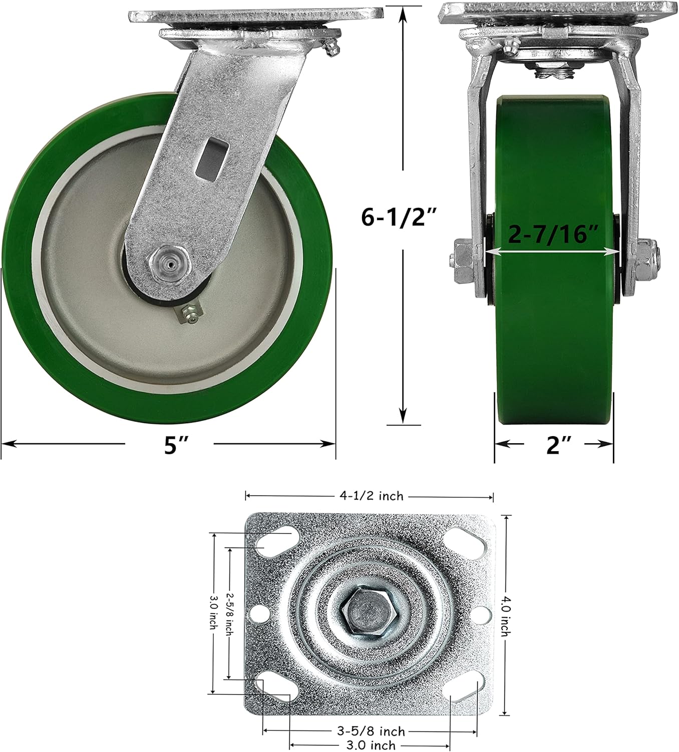 5x2 Heavy Duty Casters -Industrial Casters, Polyurethane on Aluminum Caster Wheel- with up to 1000LB Capacity - Widely use for,U-Boat Platform Trucks (1 Swivel)
