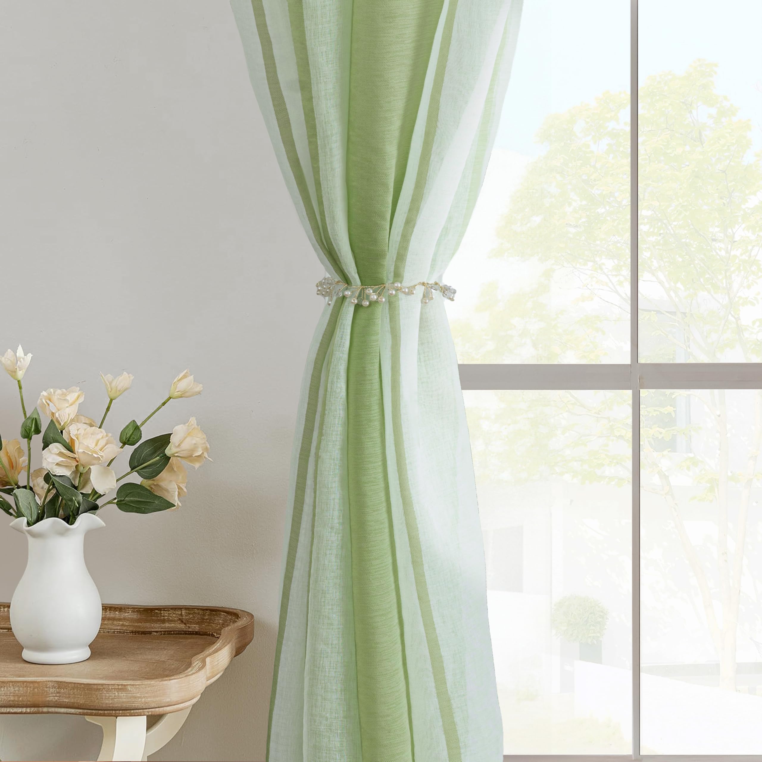 EMEMA Rideaux Rayés Transparent Voile 2uds 140x245cm Blanc Vert Clair | Rideau Moderne Avec Œillets Pour Salon Chambre, Voile Léger Rayé, Lumière Naturelle Et Intimité, Facile À Accrocher