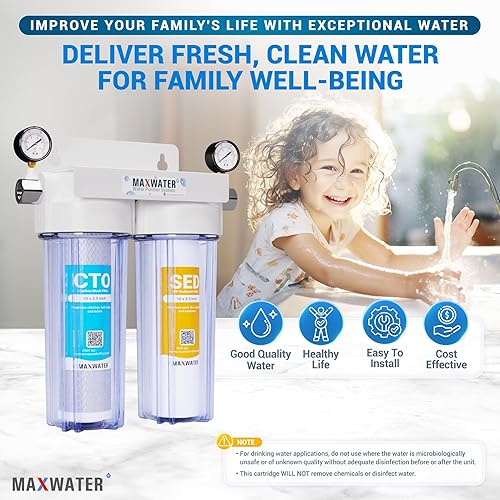 Miniatura 7 de Max Water 2 etapas (sedimento, olor y mejora el sabor) para toda la casa de 10 pulgadas, sistema de filtración de agua estándar con manómetro -