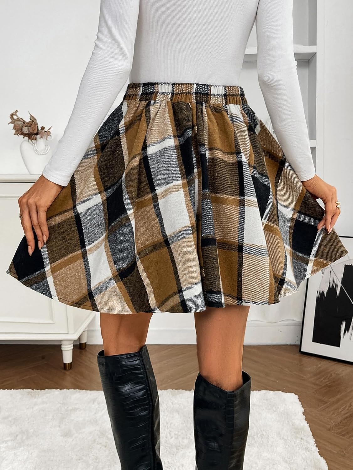 Women's Pleated Plaid Mini Skirt, Flowy A Line Flared High Waist Short Skirt Casual Fall Spring Fashion Skirts - Image 3