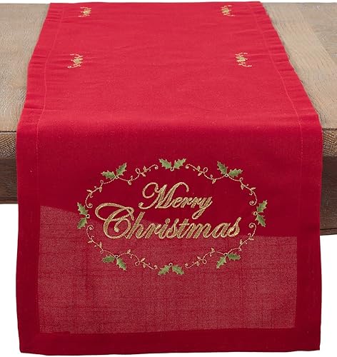 SARO LIFESTYLE Camino de mesa con diseño bordado de Feliz Navidad, 14 x 72 pulgadas, rojo