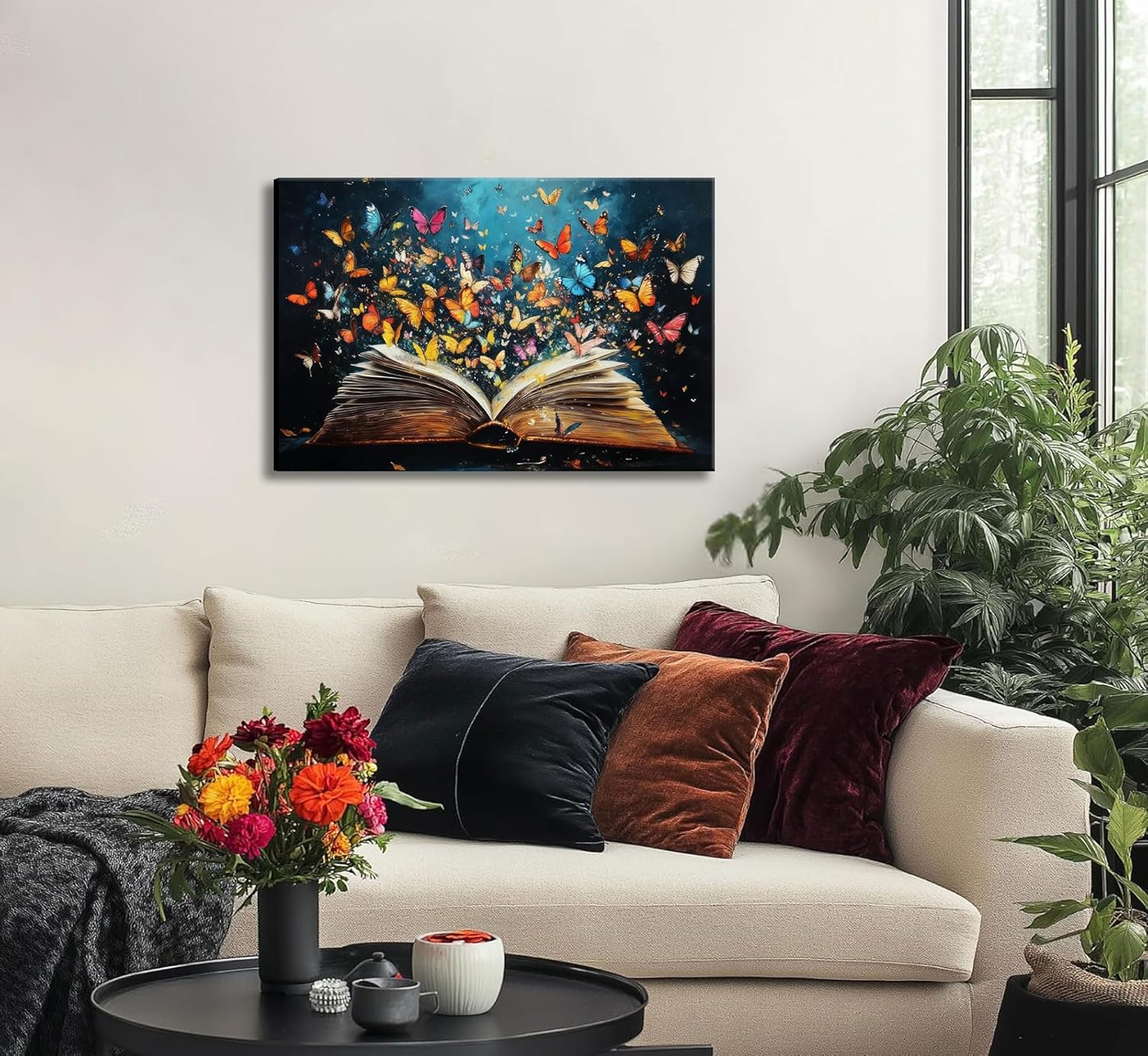 Colorful Butterfly Book Canvas Wall Art Butterfly Emerging From Book Picture Wall Decor Reading Enthusiasts Poster Print for Library Reading Room Bedroom Modern Reading Concept Home Decoration Book Butterfly 24"L x 16"W-Canvas