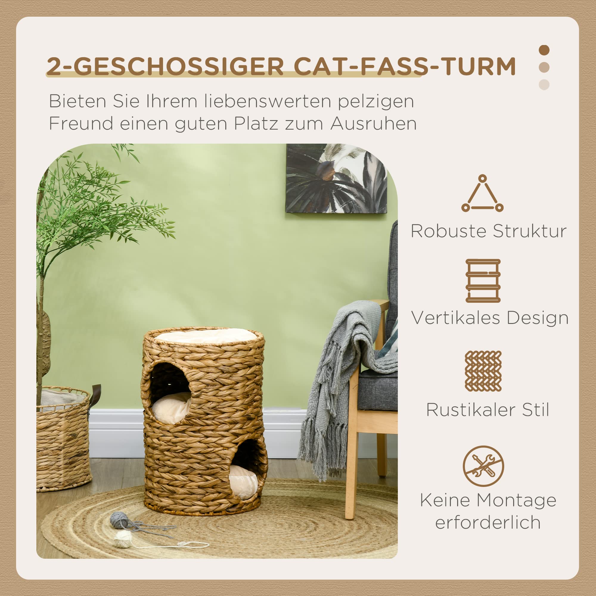 PawHut Kratztonne, 47 cm hoch Katzentonne mit 2 Höhle, Kratzbaum mit Kissen, Katzenturm aus Wasserhyazinthe, für Katze bis 3,5 kg, Hellbraun