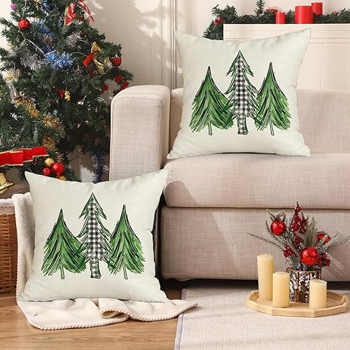 Miniatura 4 de RABUSOFA Fundas de cojín con diseño de árbol de Navidad en acuarela de 18 x 18 pulgadas, fundas de cojín decorativas de invierno a cuadros, fundas