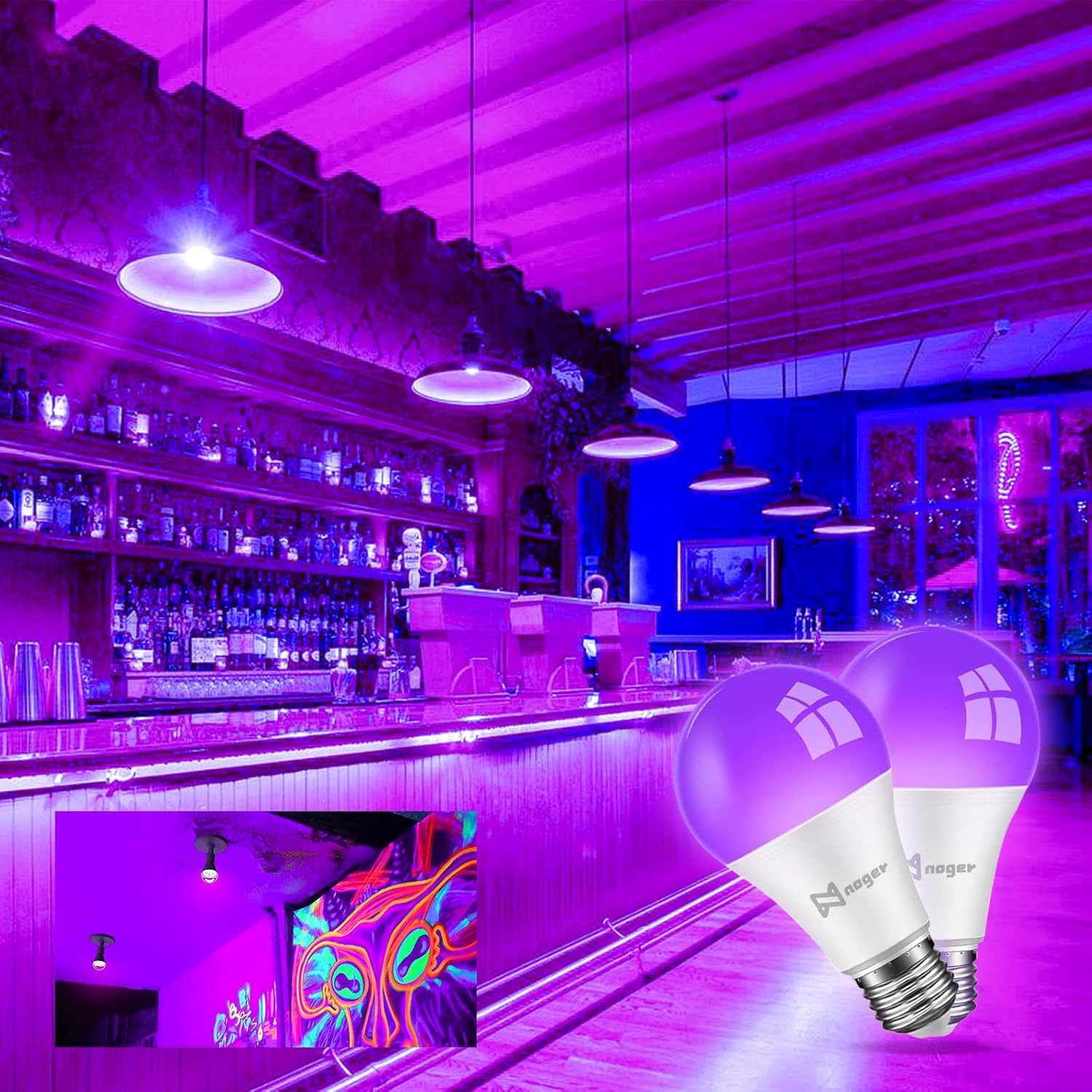 Black Lights Bulbs, 9W(75Watt Equivalent), A19 E26 LED Bulb, UVA Level 380-400nm,UV LED Bulbs for Black Light Party Birthday Wedding Christmas Body Paint, Fluorescent Poster, Neon Glow - 2pcs