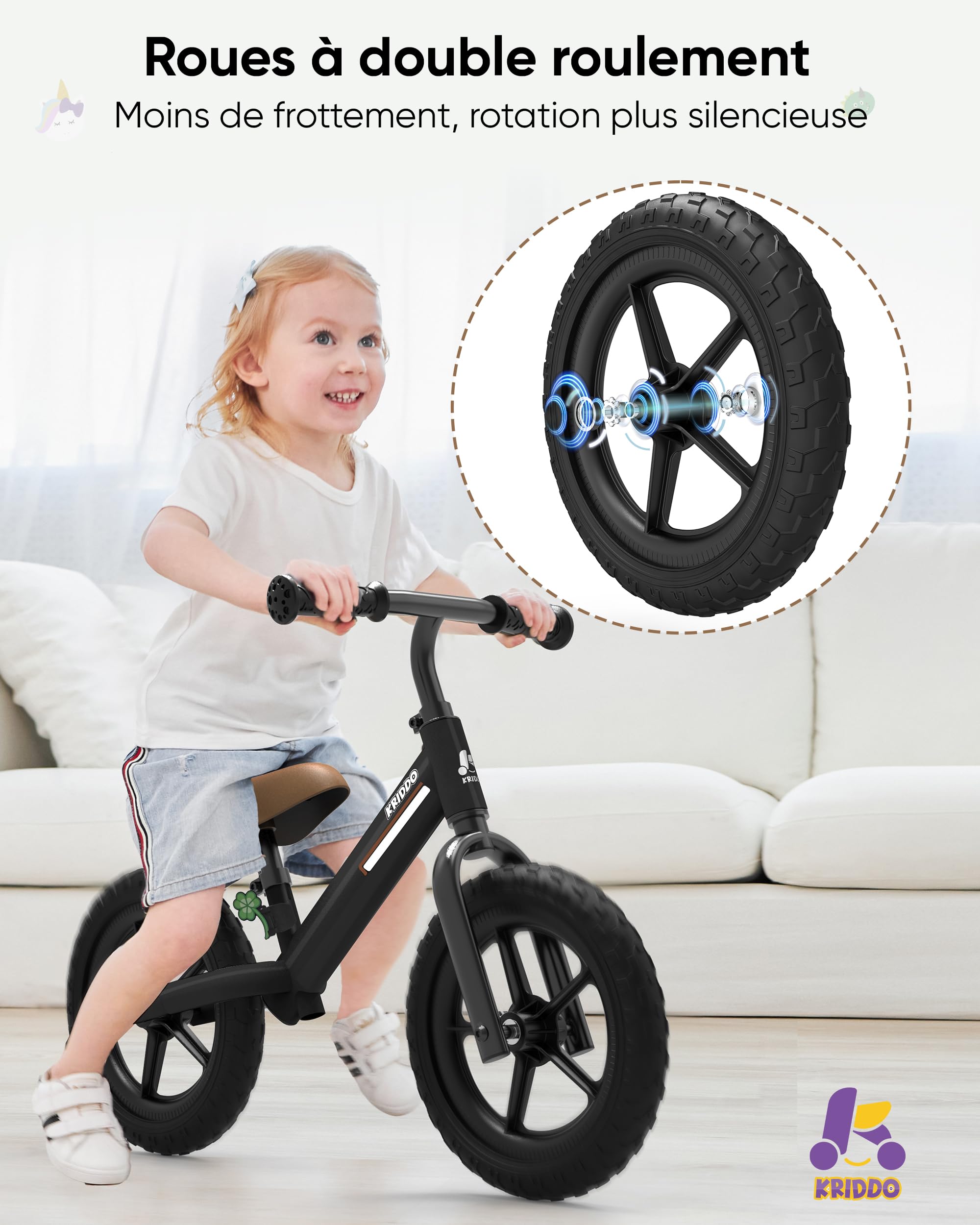 KRIDDO Vélo d'équilibre pour Enfant de 2 à 5 Ans, Double roulement pour Une Conduite Plus Fluide, Plaque Adorable, siège et Guidon réglables, Cadeaux pour Tout-Petits de 2 à 3 Ans