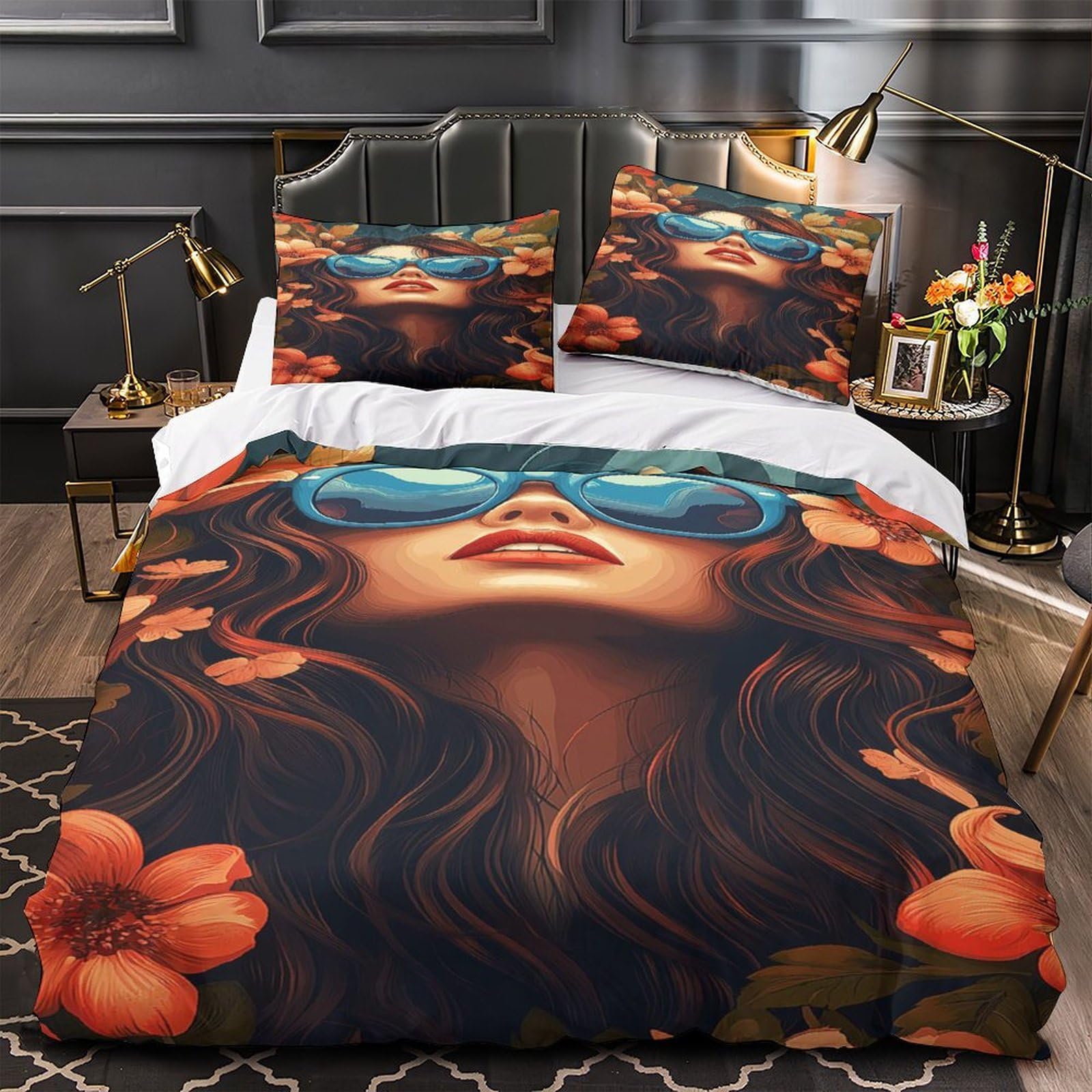 Housse de couette microfibre résistante 135x200 drap de lit 2 taies d'été motif femme