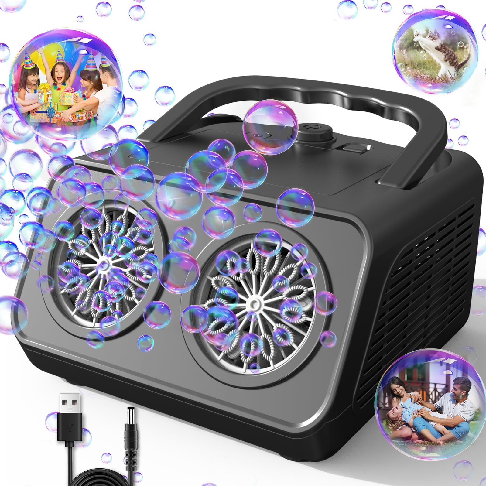 Bombble Máquina automática de pompas de jabón, Bubble Machine 20000+ burbujas/min con agua de burbujas/26 agujeros/2 velocidades de burbujas/luz, regalo para niños boda/cumpleaños/escenario/fiesta