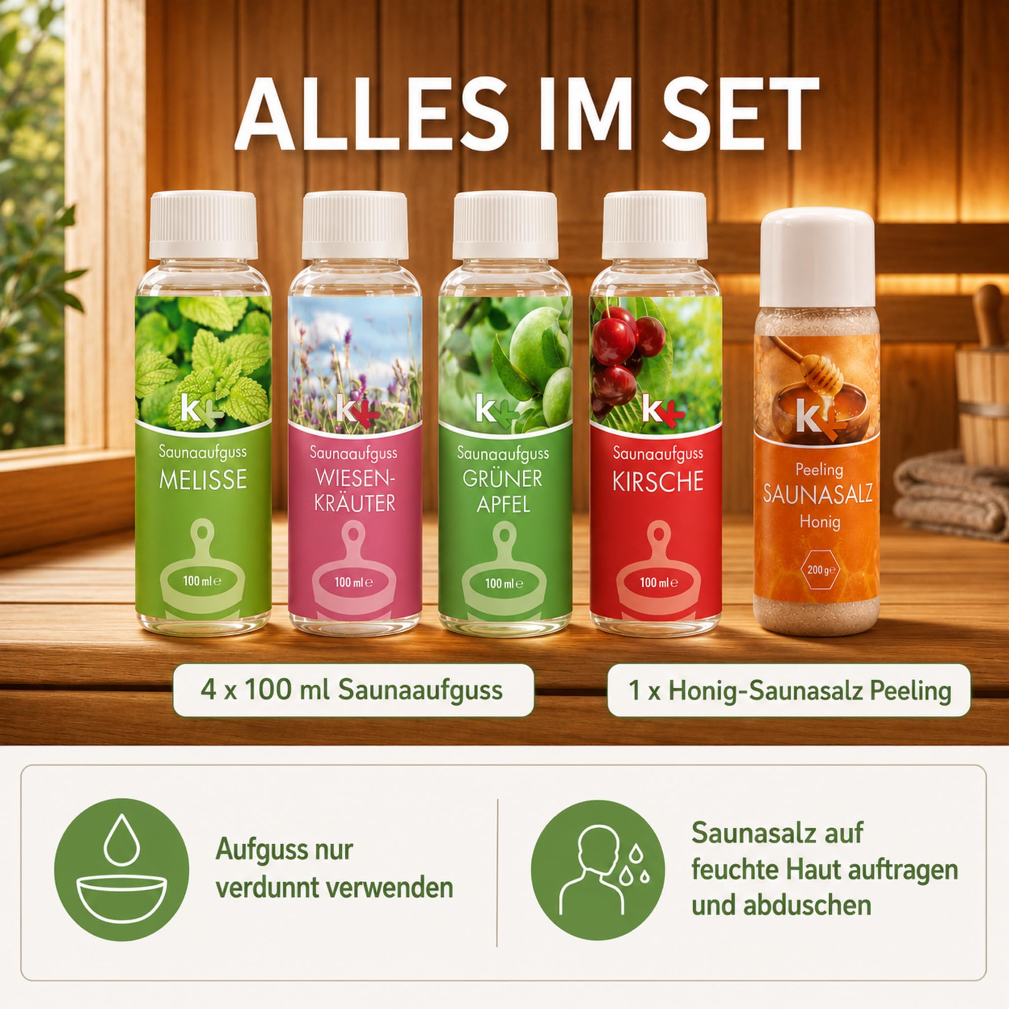 Saunaaufguss Set Altes Land 4x100ml + Honig Saunasalz Peeling – Melisse, Wiesenkräuter, Grüner Apfel & Kirsche – Hochkonzentriert – Fruchtig-frisches Sauna Geschenkset – Made in Germany