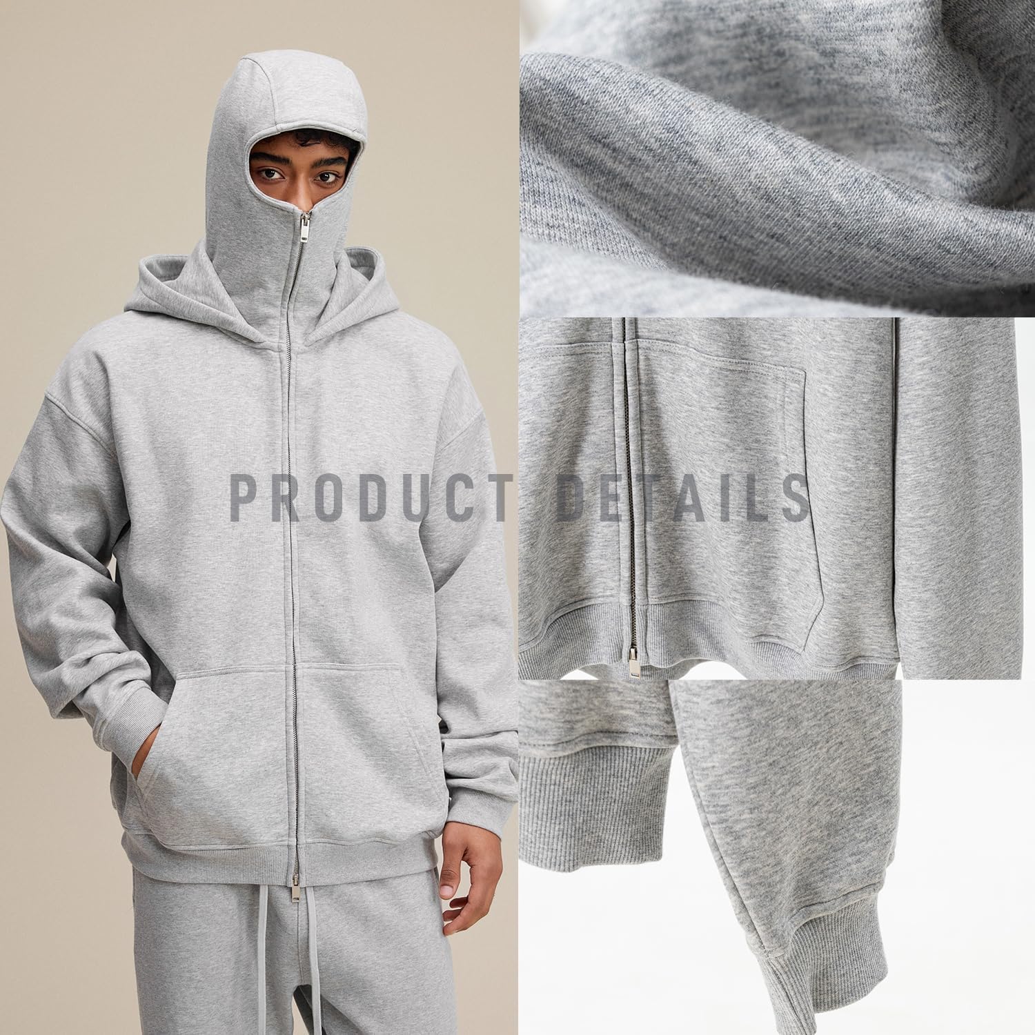 Hoodies Warm Zip Up Sweatshirts Double Hood Fleece Windproof Mask Transition Jacket Motor Bicycle Streetwear