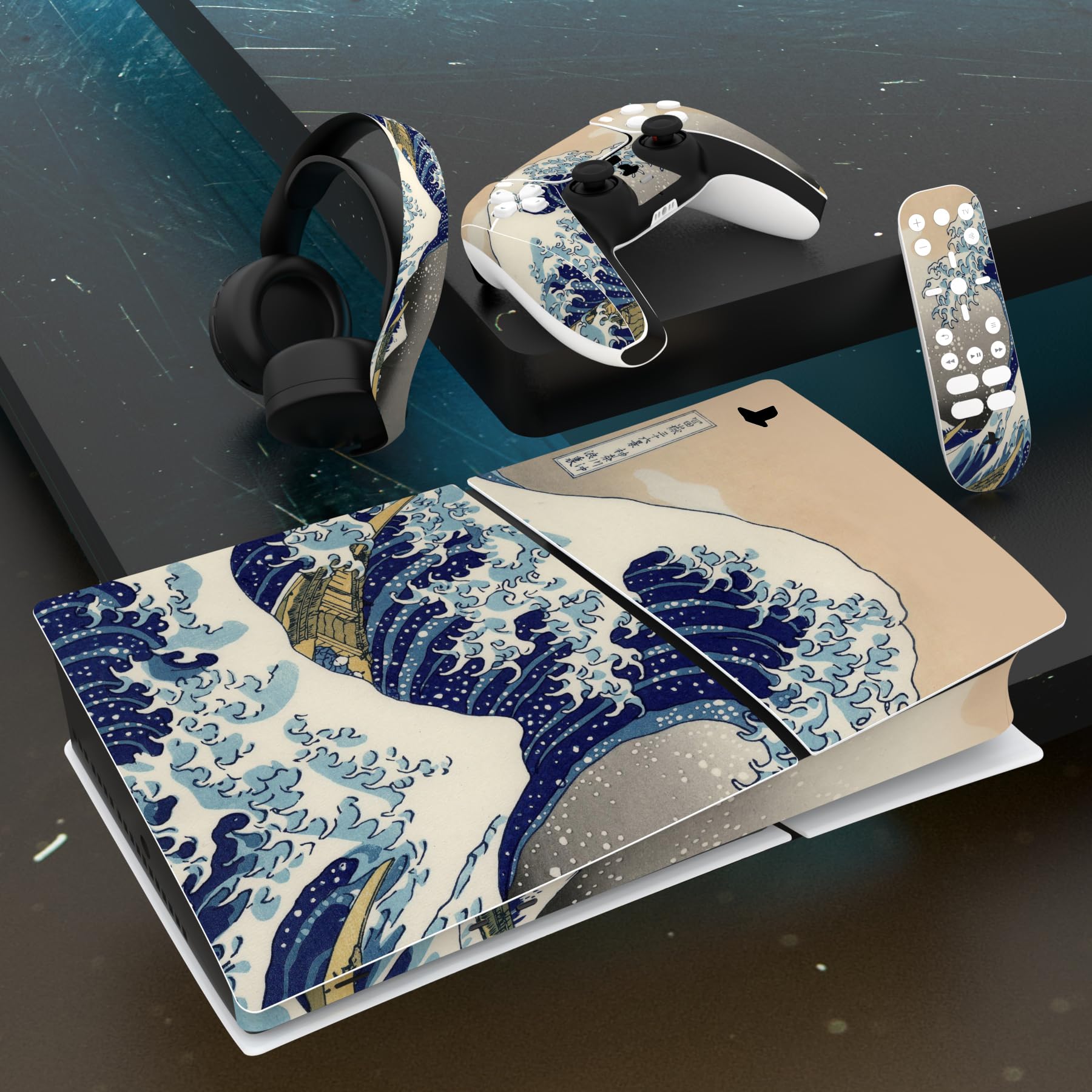playvital Full Set Skin Sticker for ps5 Slim Console Digital Edition (The New Smaller Design), Vinyl Skin Decal Cover for ps5 Controller & Headset & Charging Station & Media Remote - The Great Wave — view 6