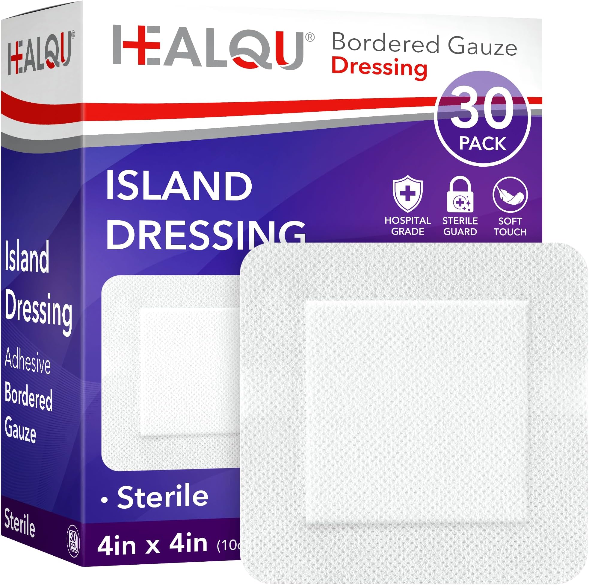 Healqu Bordered Gauze Island Dressing - 30 Count, 4" x 4" Sterile Individually Wrapped Gauze Pads with Water-Resistant, Soft and Breathable Wound Dressing for First Aid and Medical