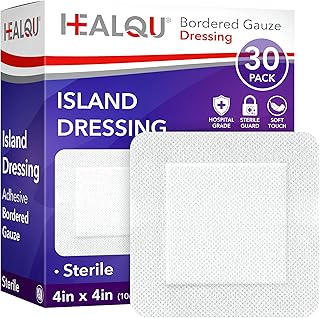 HEALQU Island Dressing - 4"x4", 30 Count - Bordered Gauze Sterile Individually Wrapped Gauze Pads, Water-Resistant, Non-Woven Backing - Soft and Breathable Wound Dressing for First Aid and Medical