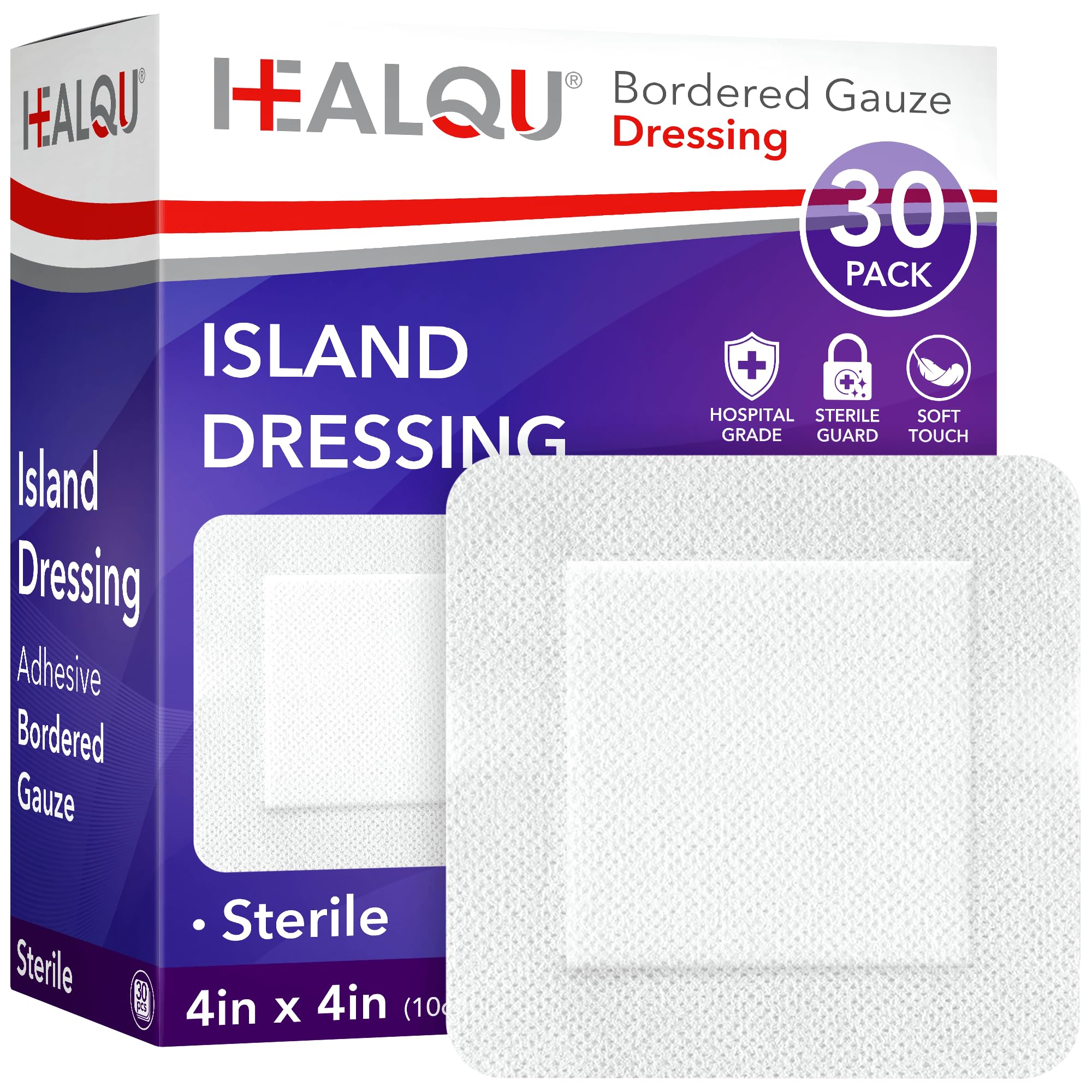 Island Dressing - 4"x4", 30 Count - Bordered Gauze Sterile Individually Wrapped Gauze Pads, Water-Resistant, Non-Woven Backing - Soft and Breathable Wound Dressing for First Aid and Medical