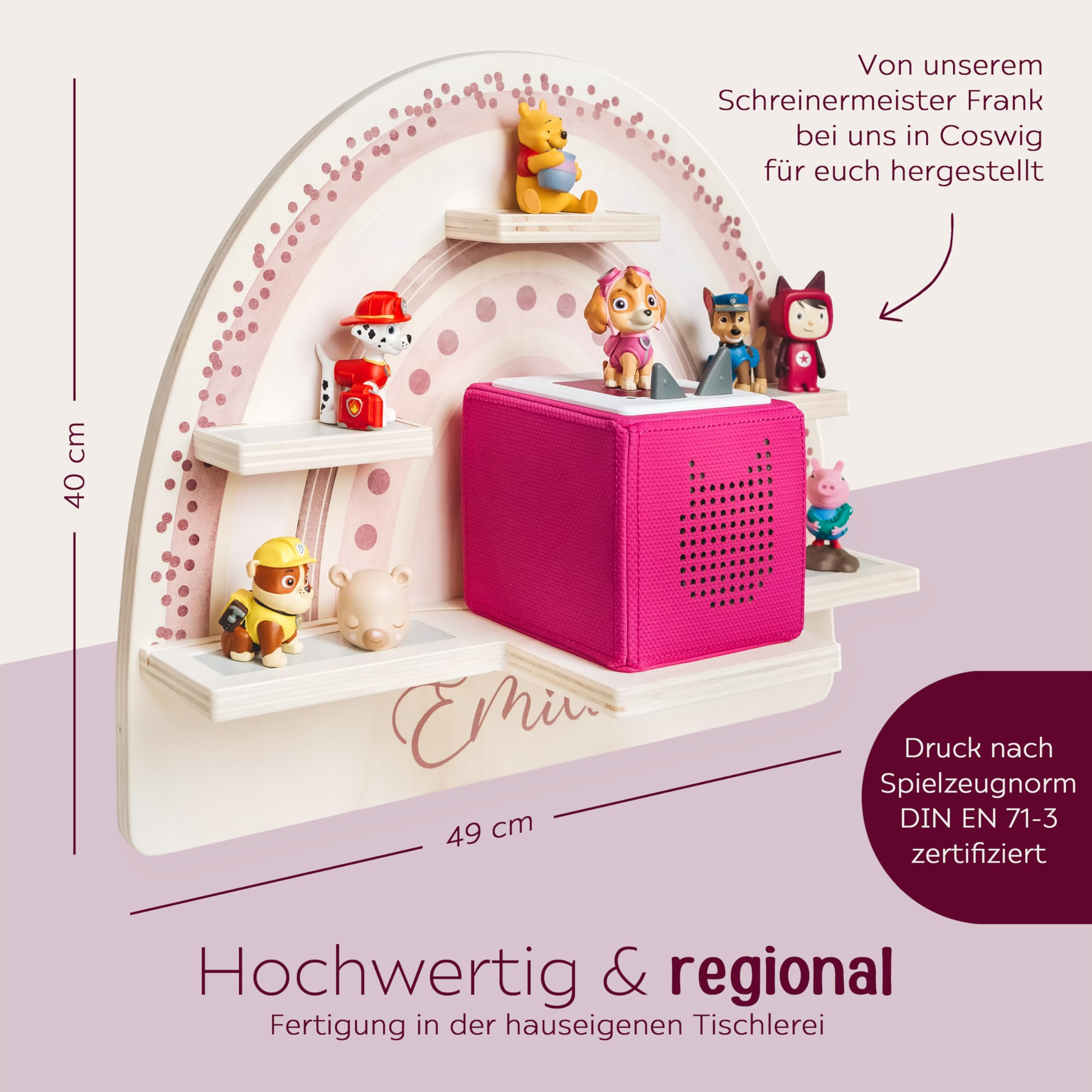 wunderwunsch personalisiertes Tonie Regal für Kinderzimmer - Magnetisches Toniebox Regal für Toniebox1 & 2 Plus Figuren mit abgerundeten Ecken & Kanten (Regenbogen rosa)
