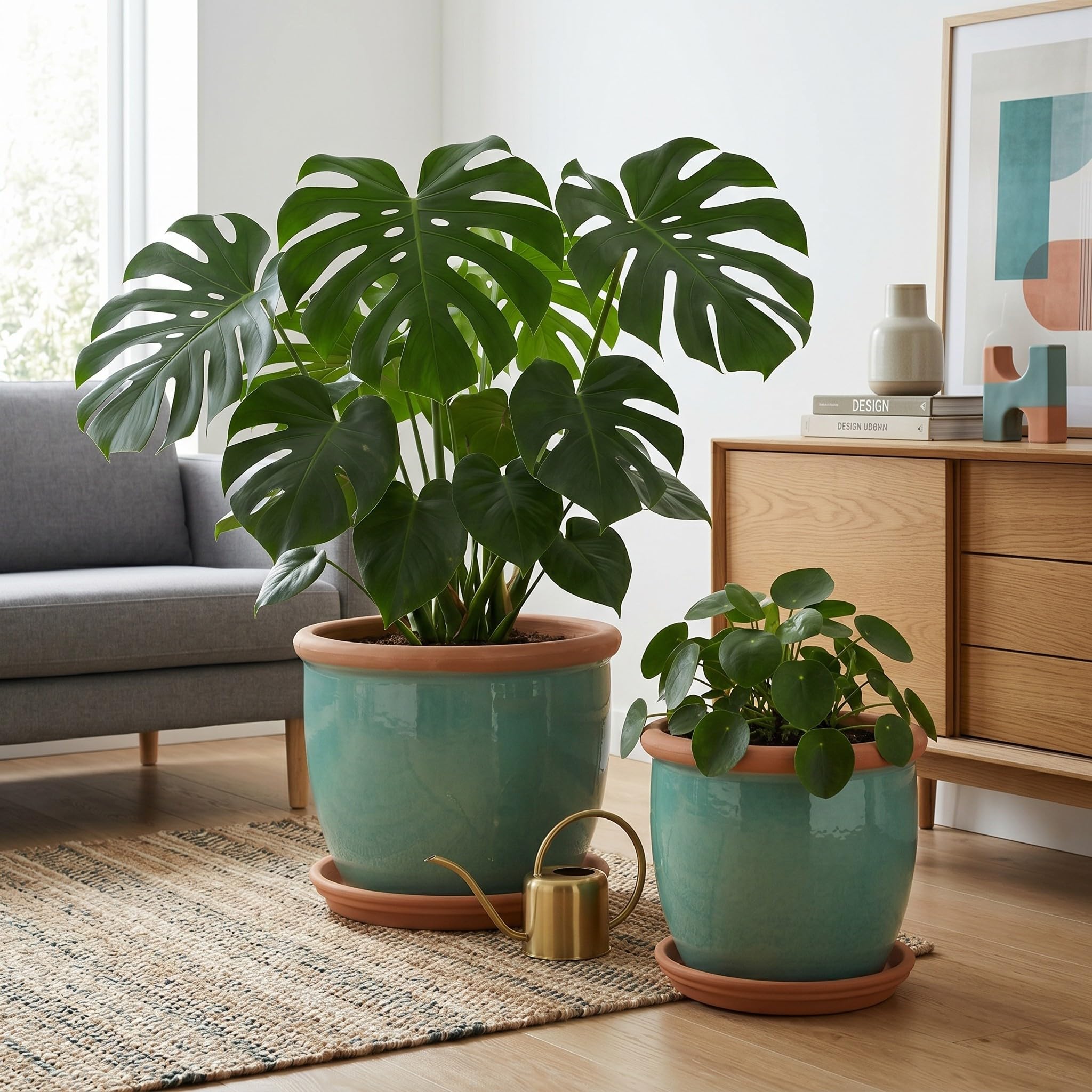 Teramico Set di vasi in ceramica con sottovaso, resistenti al gelo (verde, 45 cm x 34 cm)