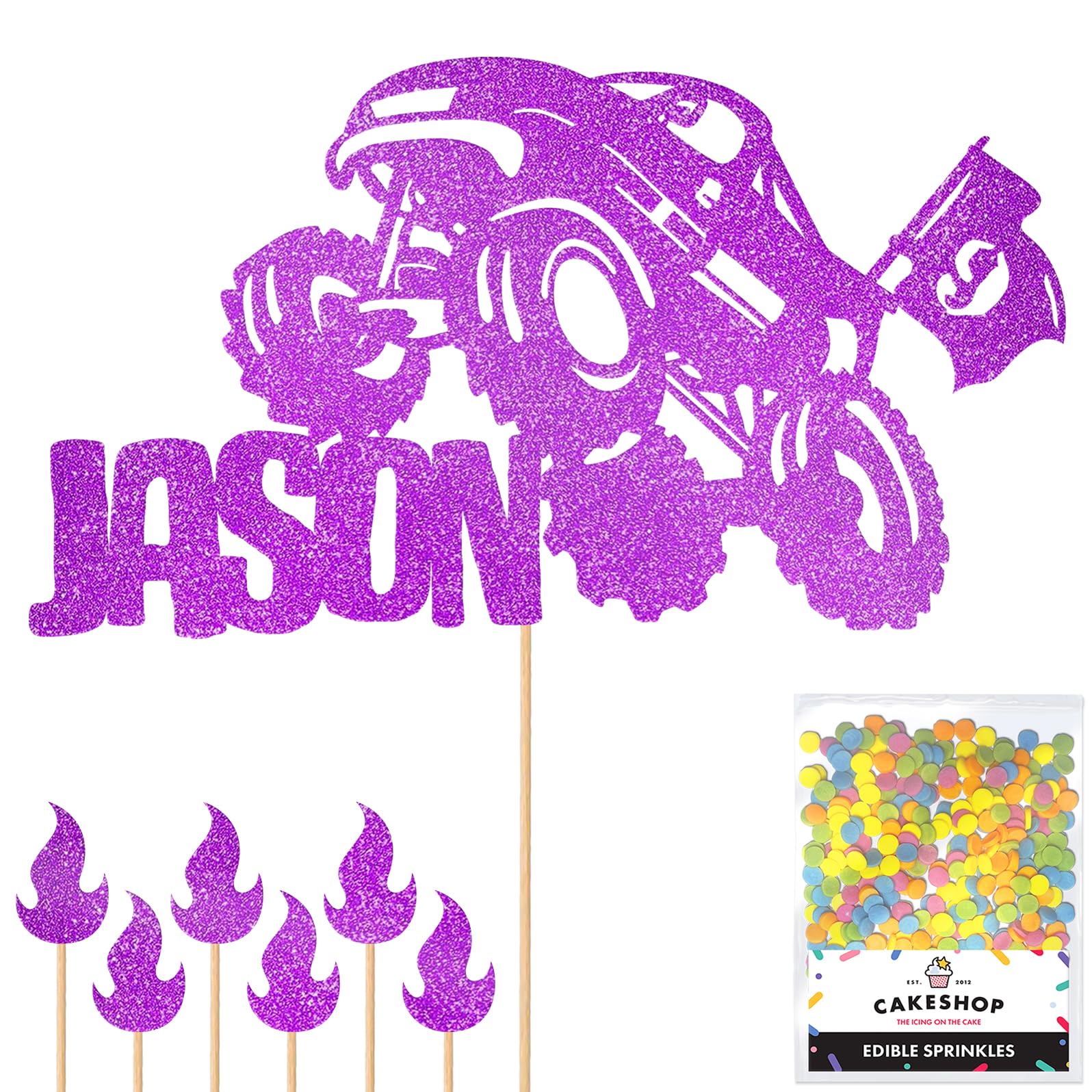 Personalised Off-Road Monster Truck 4x4 Glitter Topper- Purple Custom Name Hot Wheels Glitter Cake Decoration and Sprinkles - Happy Birthday Decorations - Personalised Toppers for Cakes by Cakeshop