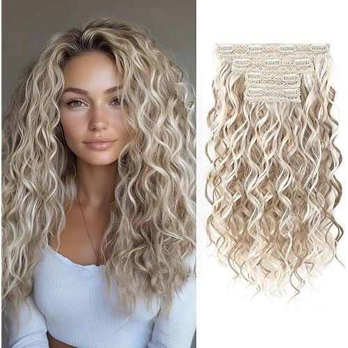 REECHO Curly Hair Extensions, 4PCS 16 inch Clip in Hair Extensions Lace Weft Short Curly Hair Extensions Clip Ins Invisible Natural Hairpieces for Women, Ash Blonde with Highlights