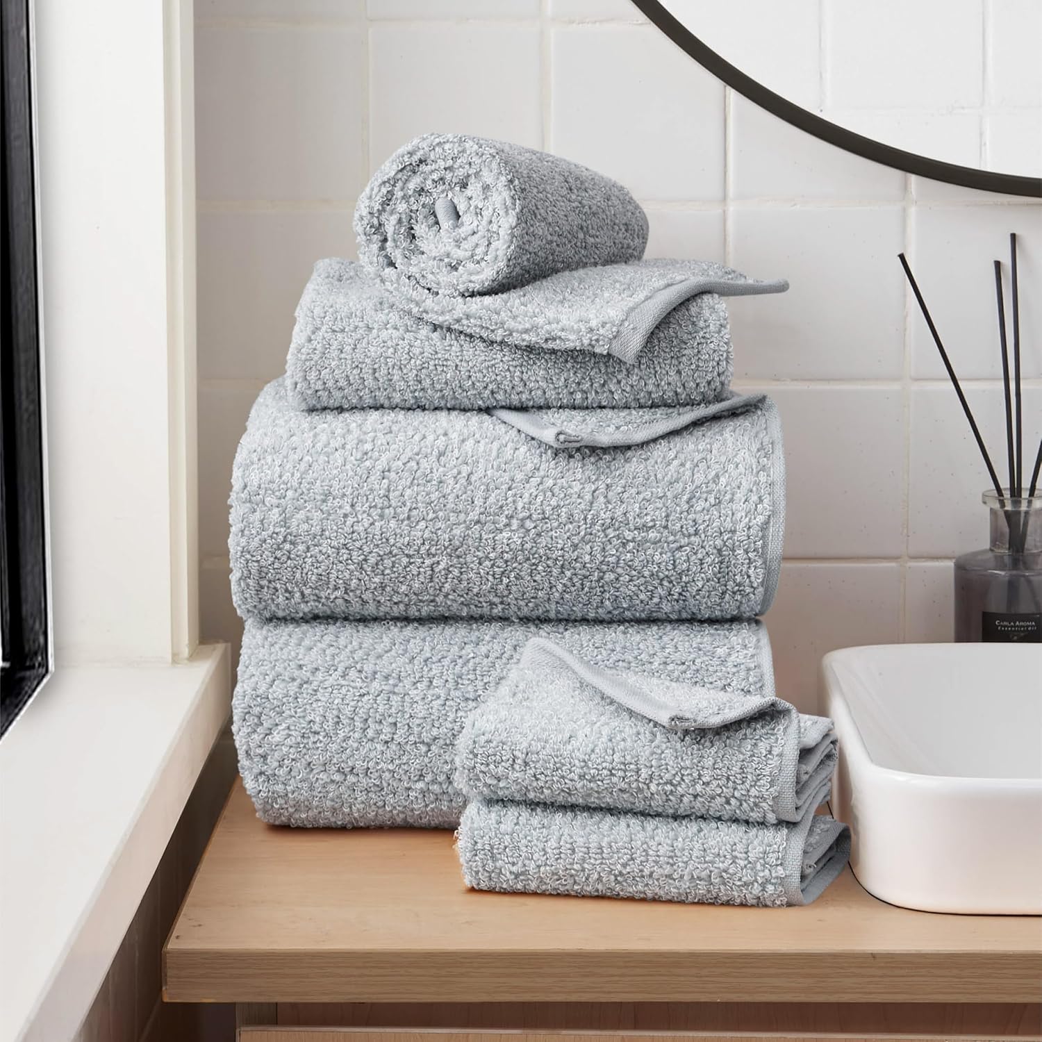 Lucky Brand Luxurious Boucle 6 Piece Bath Towel Set - (2) Bath Towels, (2) Hand Towels, and (2) Washcloths - Glacier Grey Premium Bathroom Towel Set