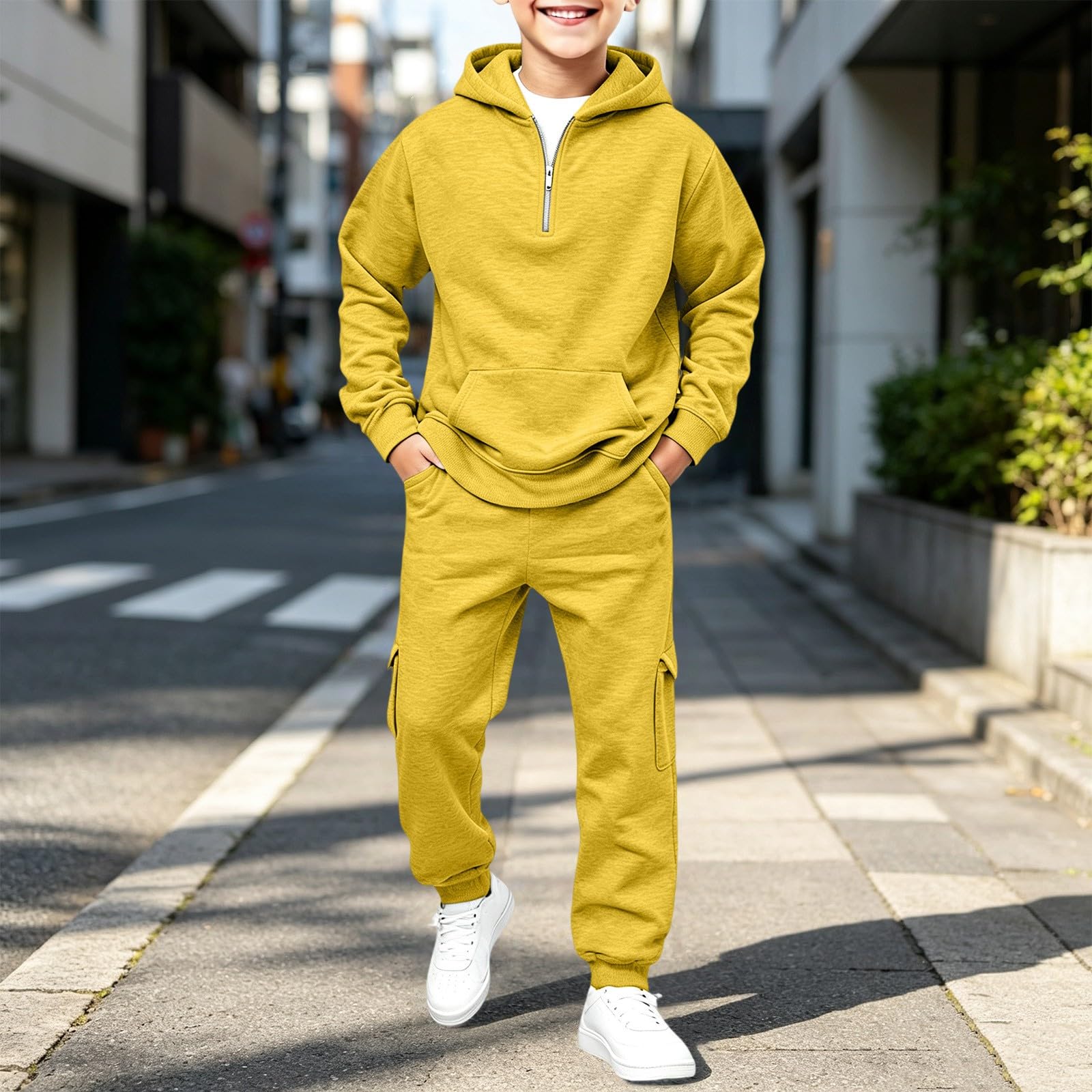 WINWUQB - Tuta da ginnastica con cappuccio e mezza zip per bambini