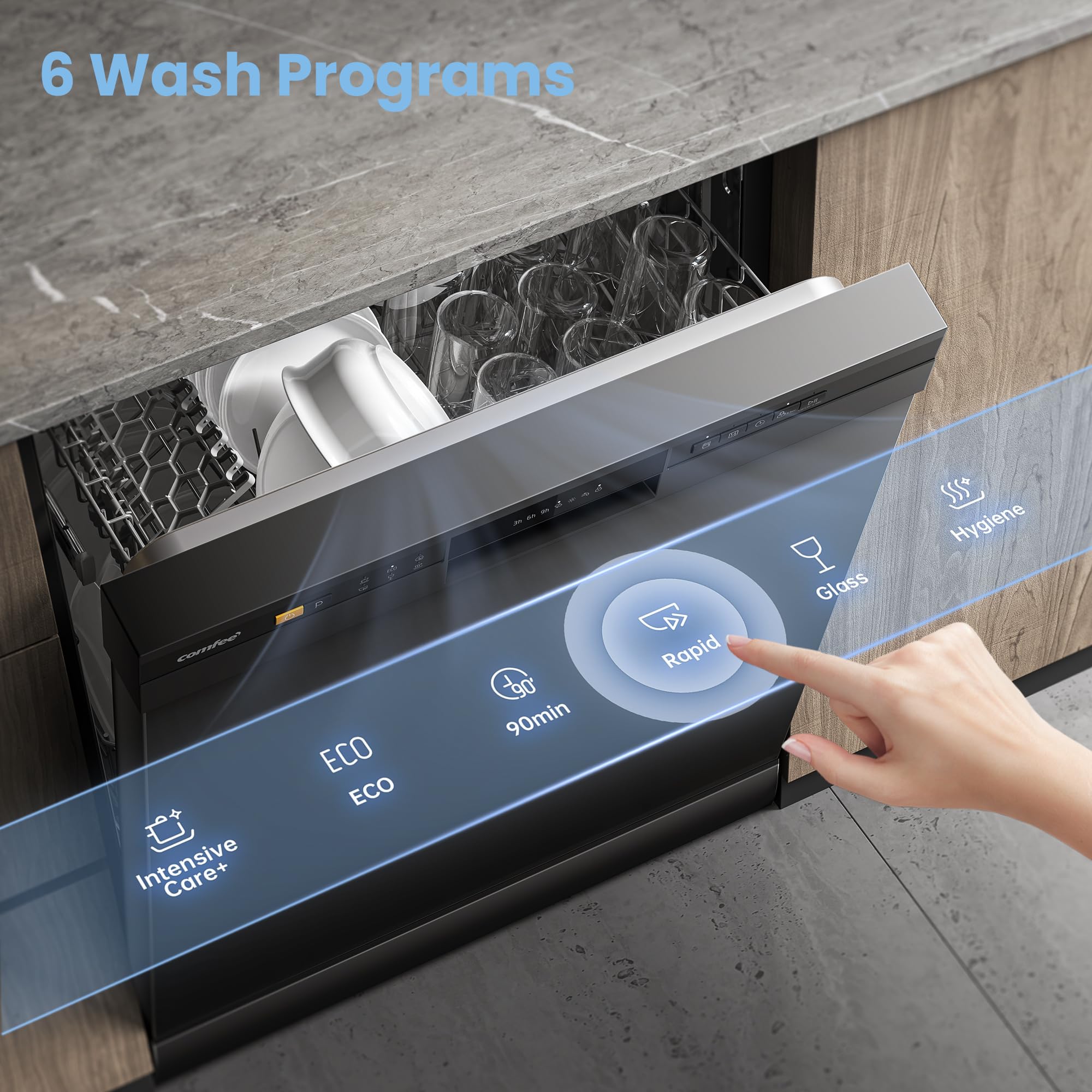 COMFEE' Dishwasher Freestanding with 13 Place Settings, New Upgraded Full Size Dishwasher 60cm Width, CDWPF1301PBD-UK, Auto Door Open Drying, Quick Wash, Hygiene Wash, Delay Start, Half Load -Black — view 4
