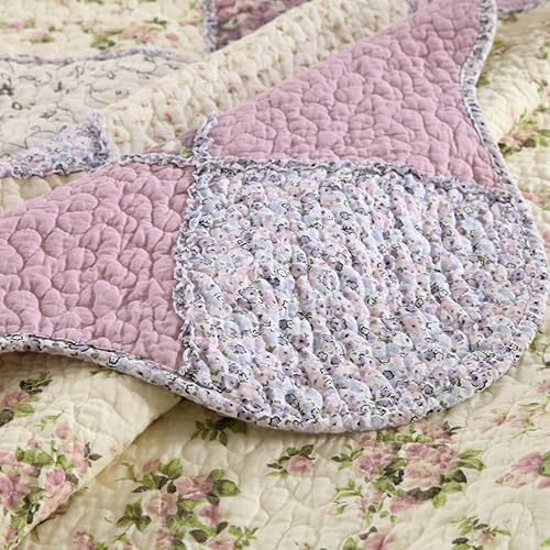 Miniatura 8 de ABREEZE Juego de edredón acolchado de algodón con diseño de retazos florales de rosas moradas, juego de colcha rústica de 3 piezas