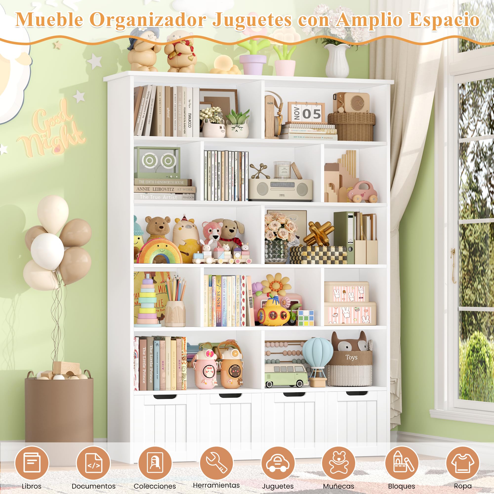 FOREHILL Mueble Organizador Juguetes, Mueble Almacenaje Juguetes, Estanteria Montessori, Organizador de Juguetes Estanteria Infantil, 4 Cajones con Ruedas, 12 Compartimentos, Blanco 125.5x33x175 cm