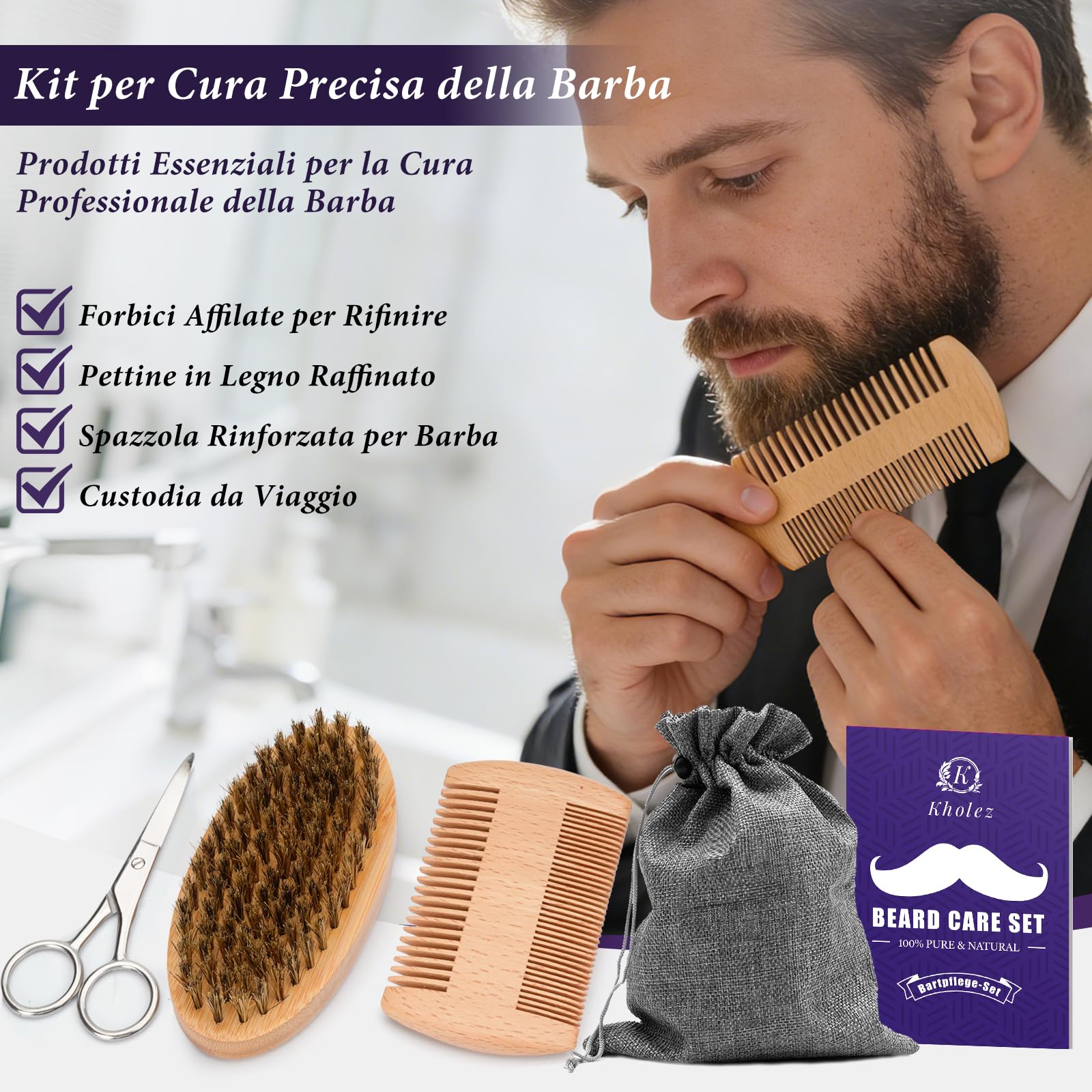 KHOLEZ Kit Barba Uomo Professionale, Set Barba Uomo, Set Cura Barba con Olio Barba, Balsamo Barba, Shampoo Barba, Forbici, Pettine Barba, Spazzola Barba, Modello Barba e Sacca Viaggio, Regalo Uomo